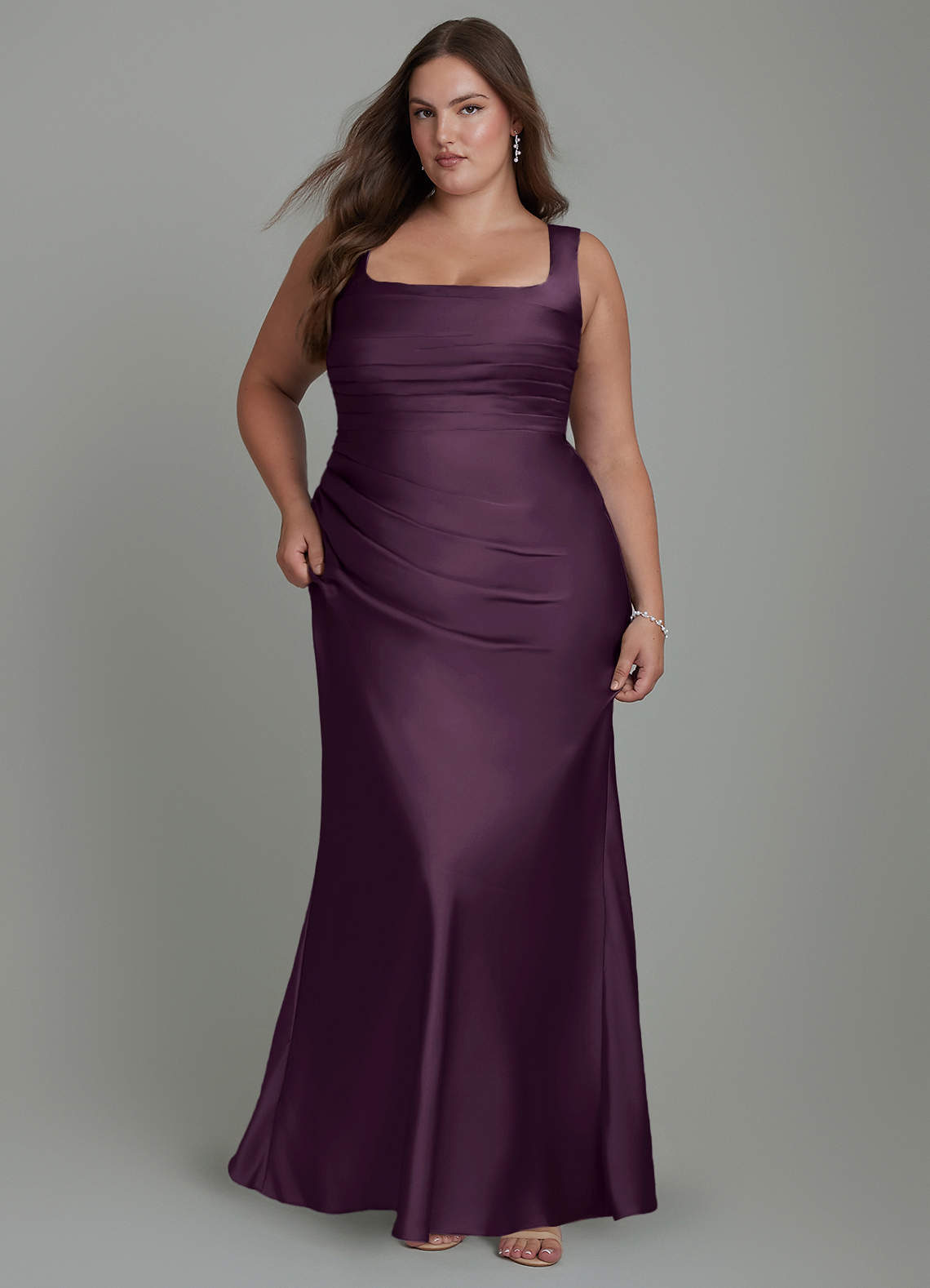 plum mermaid bridesmaid dresses Azazie Plus Size Square Neck Floor-Length Stretch Satin Purple Color:Clover Launchdate:2026-07-27 Women's Polo Golf Dress The fitted skirt gently