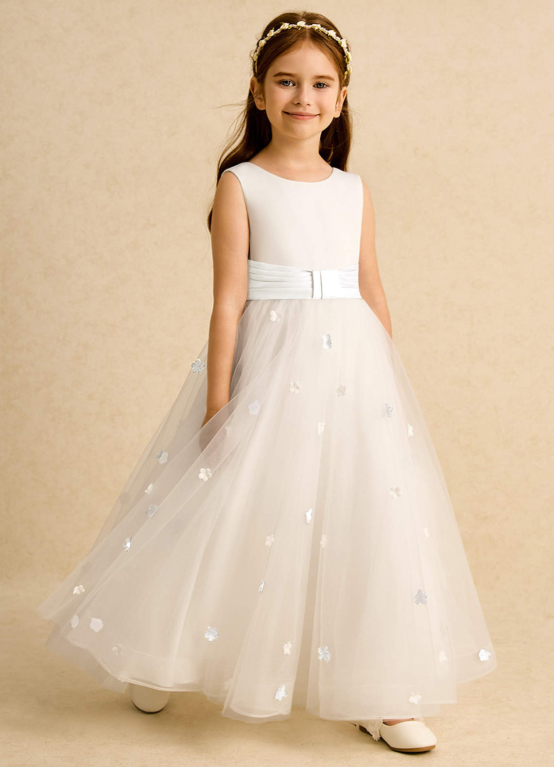 Azazie Cricket Flower Girl Dresses Ivory Ball-Gown Pleated Matte Satin Dress image6