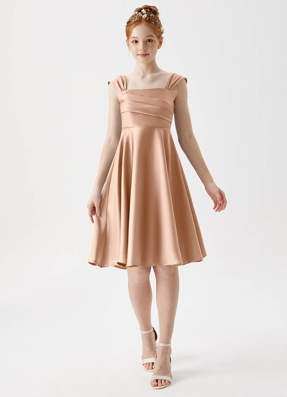 Azazie Amira Junior Vestido de Rosa Inglesa de Satén Elástico de Corte En A con Plisado image1