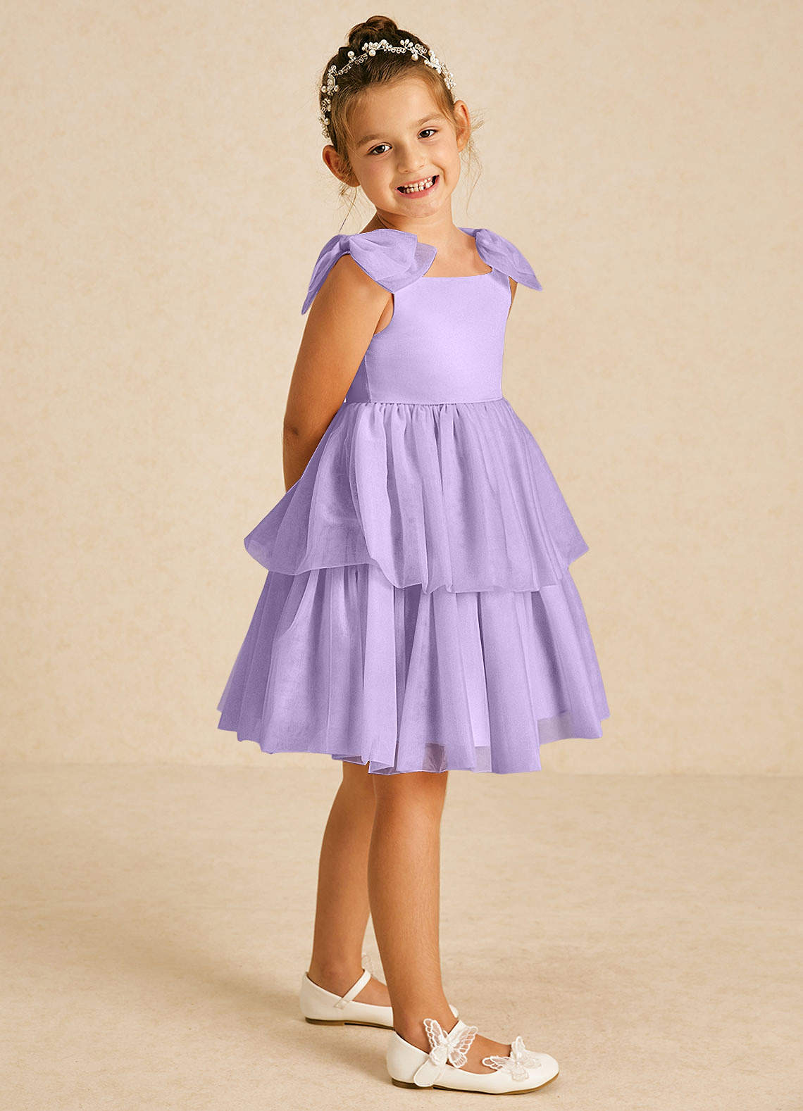 Azazie Vanellope Flower Girl Dresses Lilac A-Line Bow Tulle Dress image1