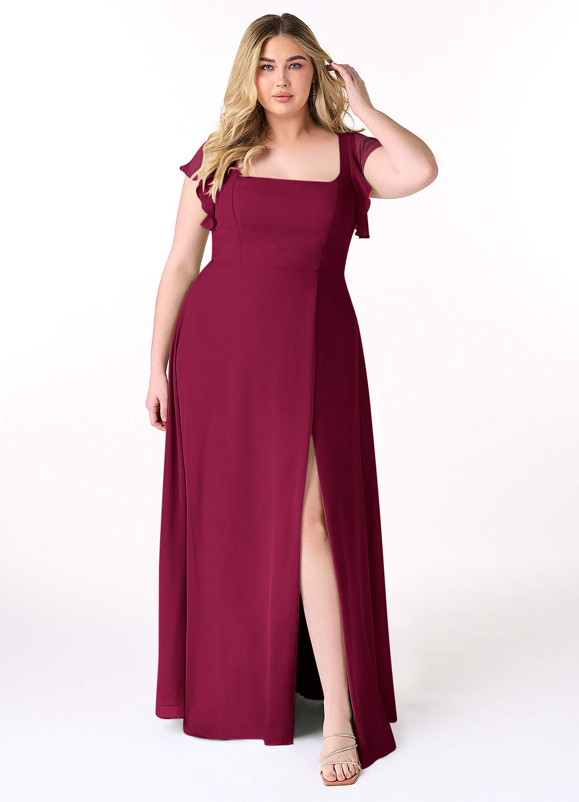Azazie Bondi Bridesmaid Dresses Burgundy A-Line Ruffled Chiffon Dress image1