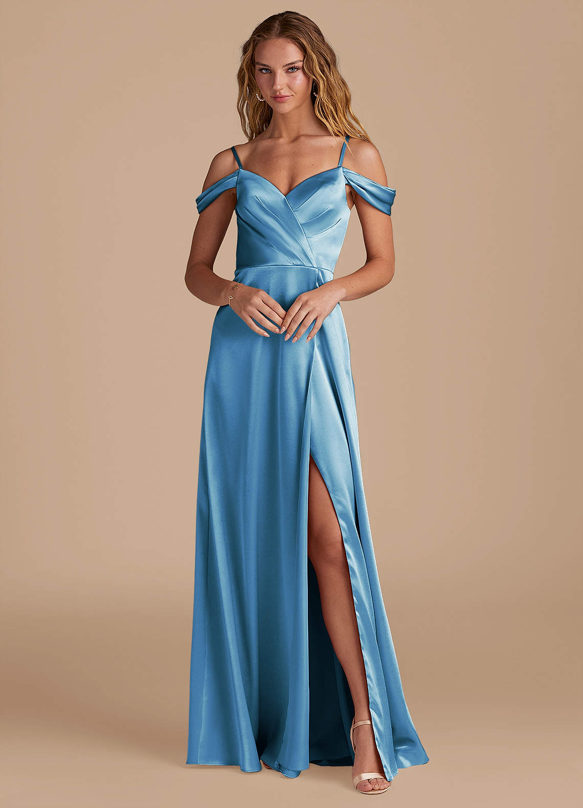 Azazie Ocean Bridesmaid Dresses Steel Blue A-Line Off the Shoulder Metallic Satin Dress image1