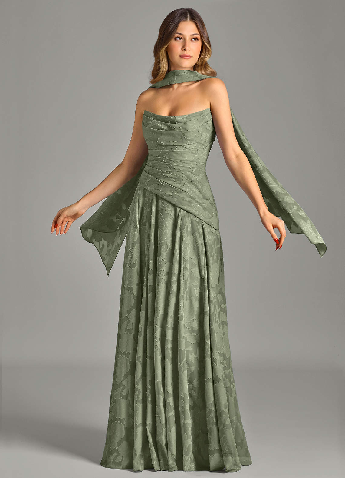 Azazie Gabriela Ready to Ship Pistachio Floral Burnout Bridesmaid