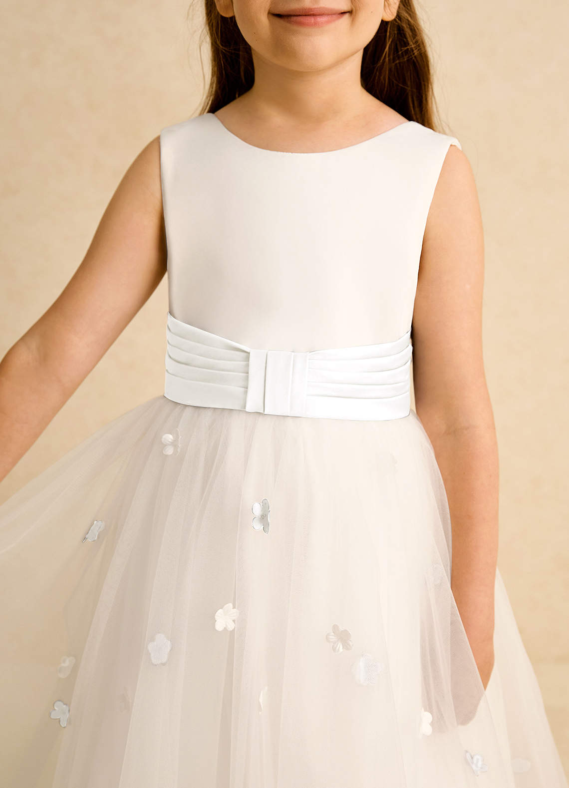 Azazie Cricket Flower Girl Dresses Ivory Ball-Gown Pleated Matte Satin Dress image7