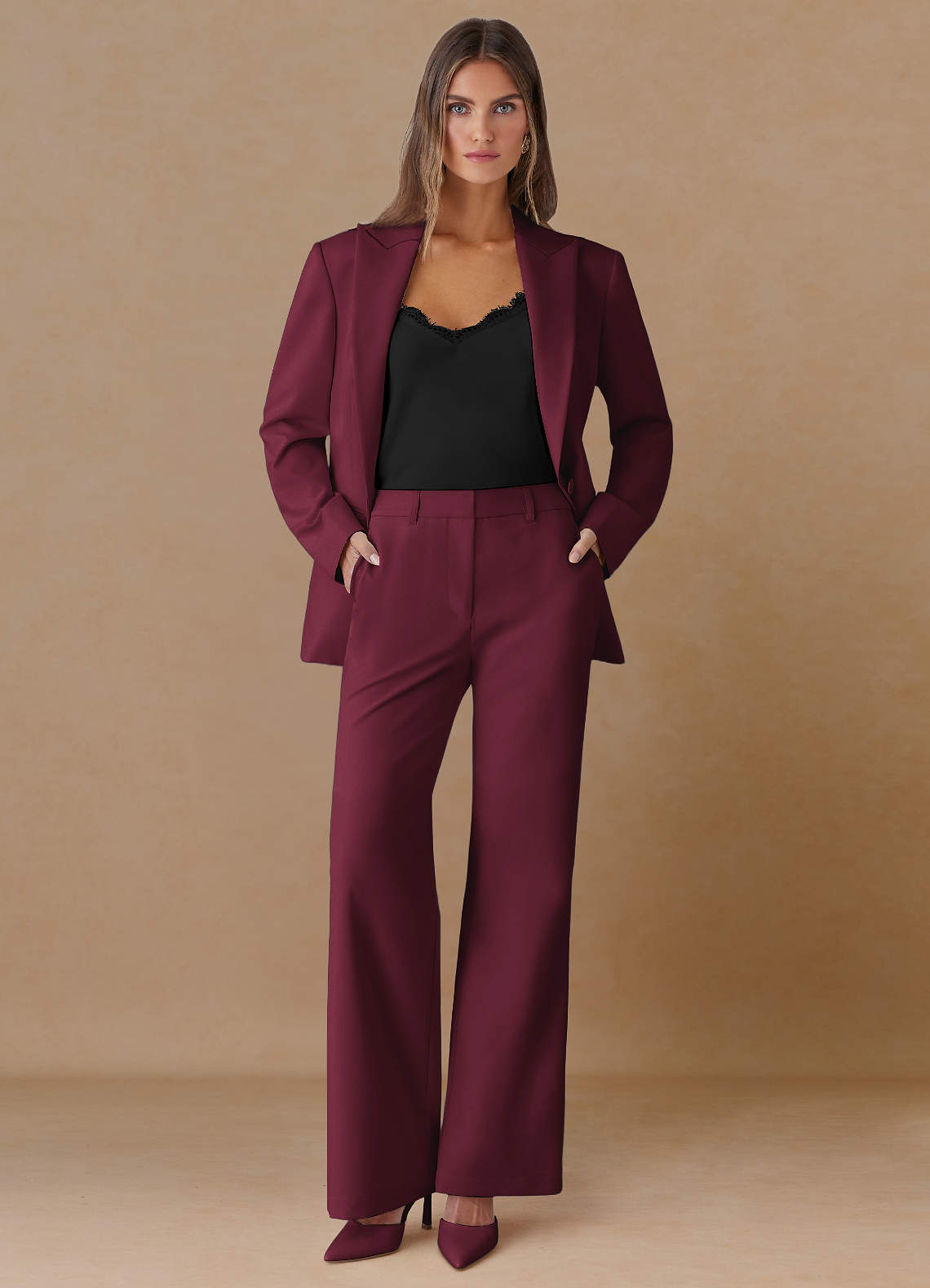 front Marina Borgoña Pantalones rectos de tejido refinado