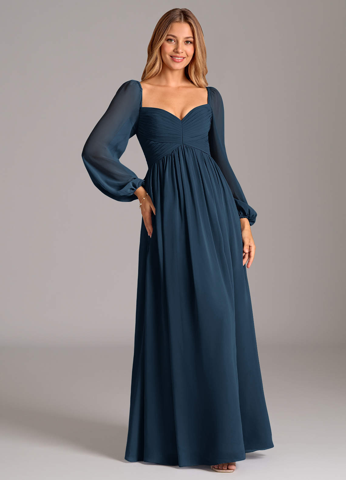 blue long sleeve chiffon dress Azazie Bailee this pleated chiffon maxi Size:5'3