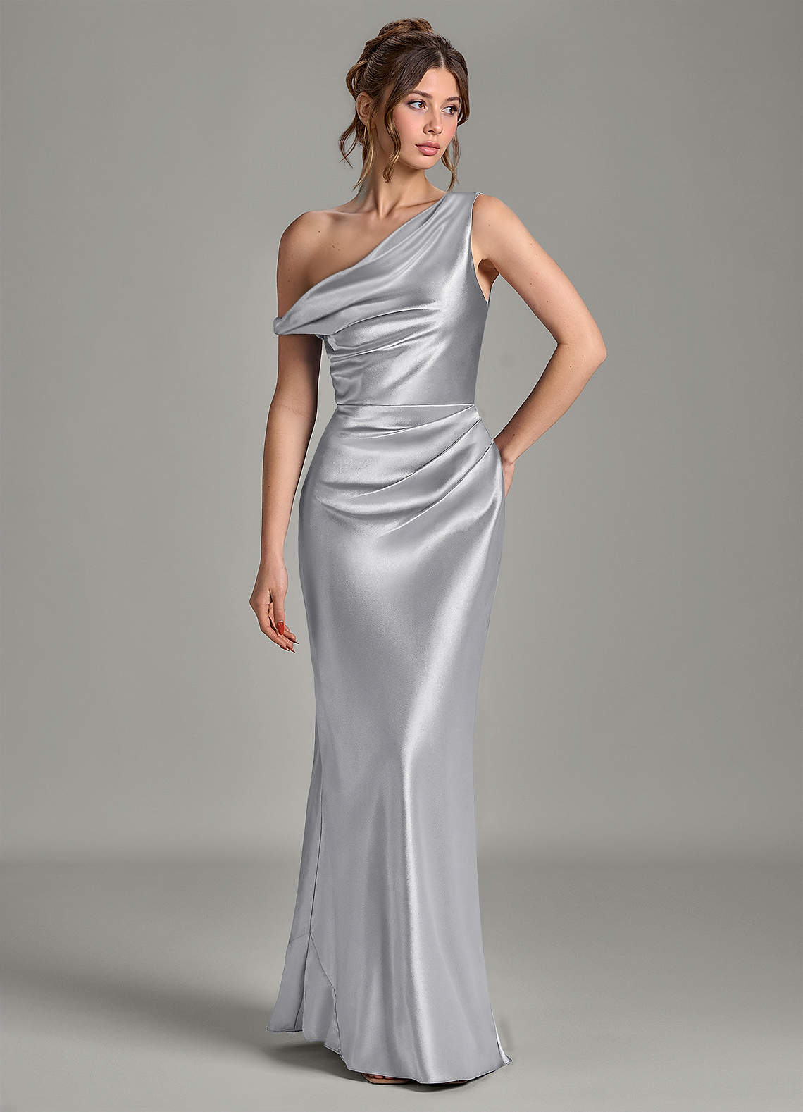 Azazie Emerson Bridesmaid Dresses Silver Mermaid Off the Shoulder Metallic Satin Dress image3