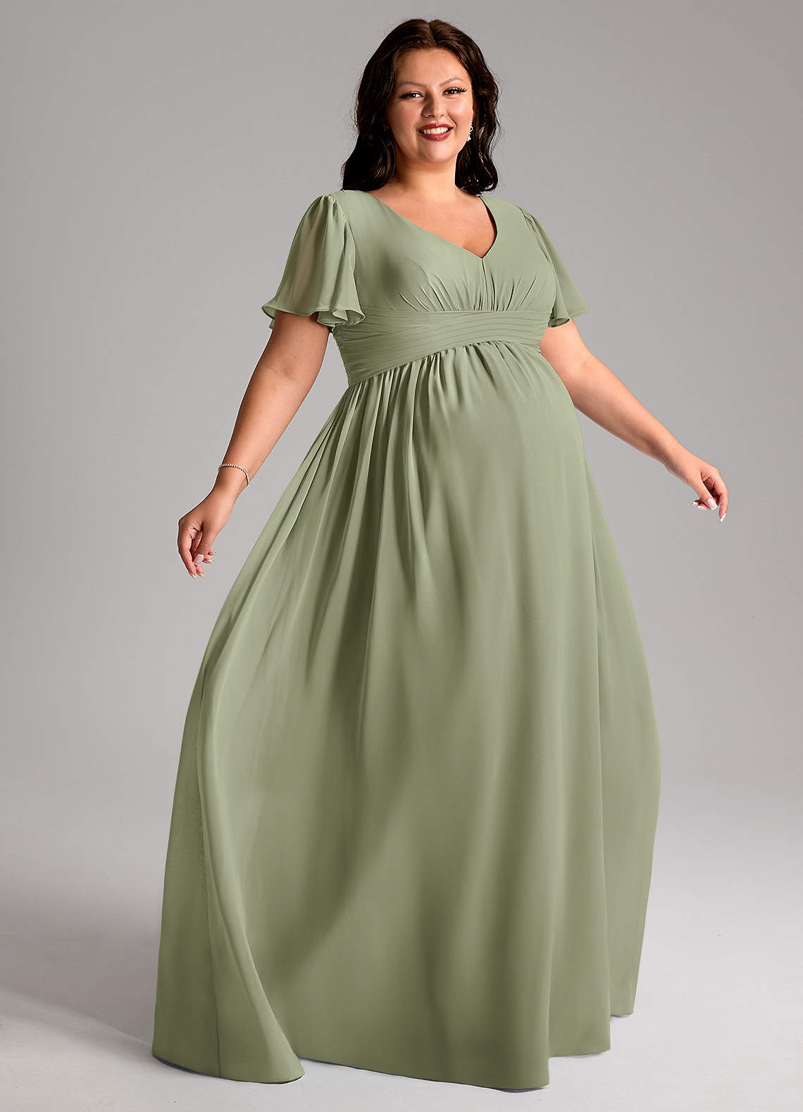 Azazie Verna Kleider zum Anprobieren zu Hause A-Linie V-Hals Gerüscht Chiffon Bodenlänge Kleid image8