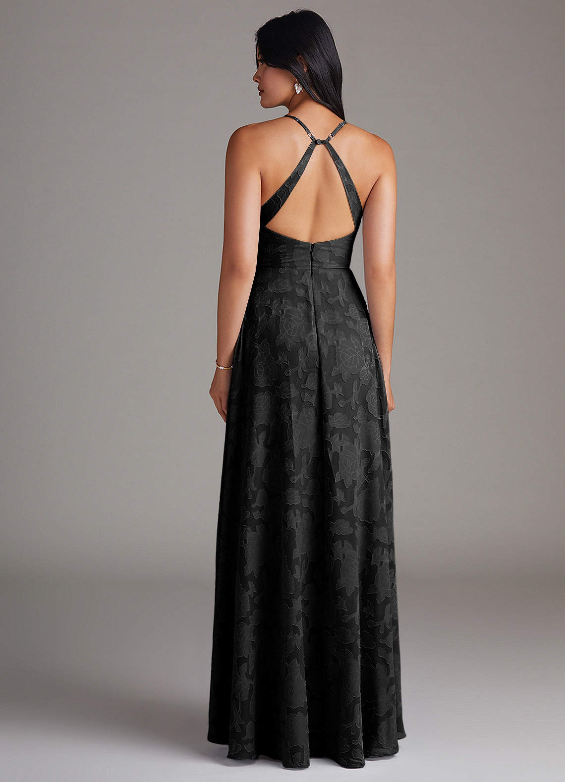 Azazie A-Line V-Neck Floor-Length Floral Burnout Bridesmaid Dresses - Black