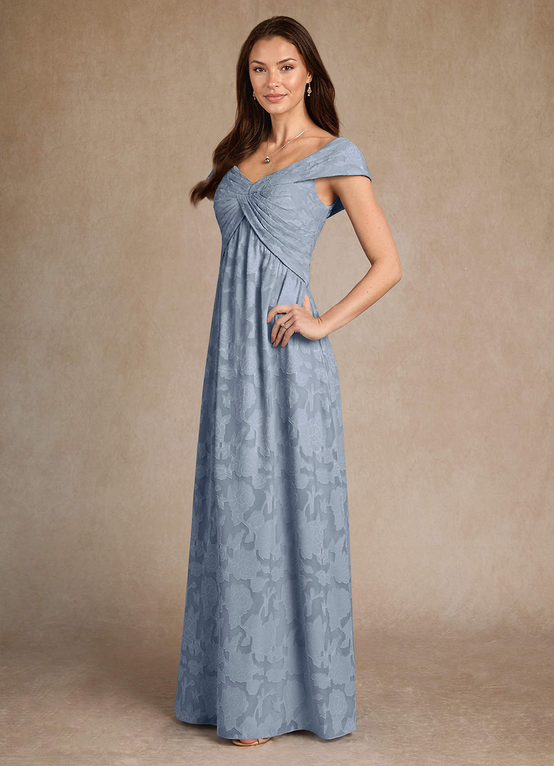 Azazie Myrtle Mother of the Bride Dresses Dusty Blue A-Line Pleated Floral Burnout Dress image1