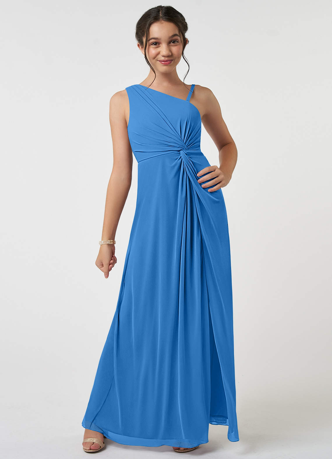 Azazie Brooke Junior Robe Trapèze en Maille Plissée Geai Bleu image1