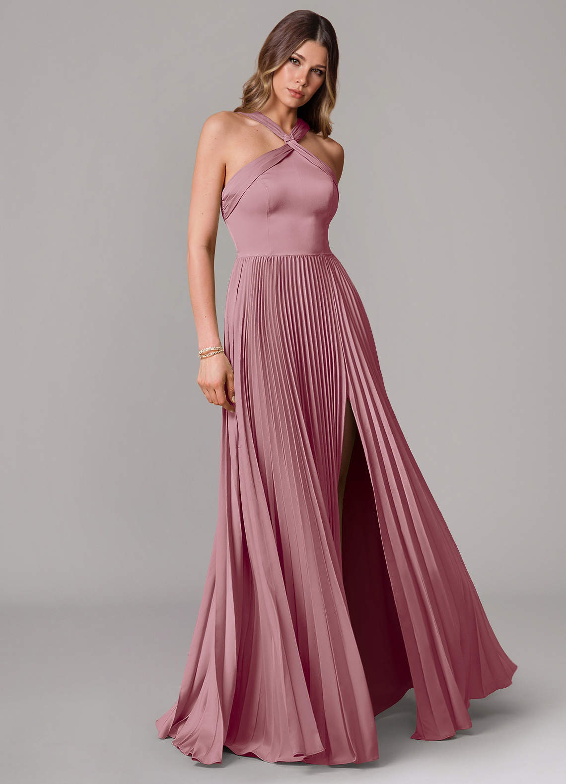 Azazie Afra Bridesmaid Dresses Vintage Mauve A-Line Pleated Stretch Satin Dress image1