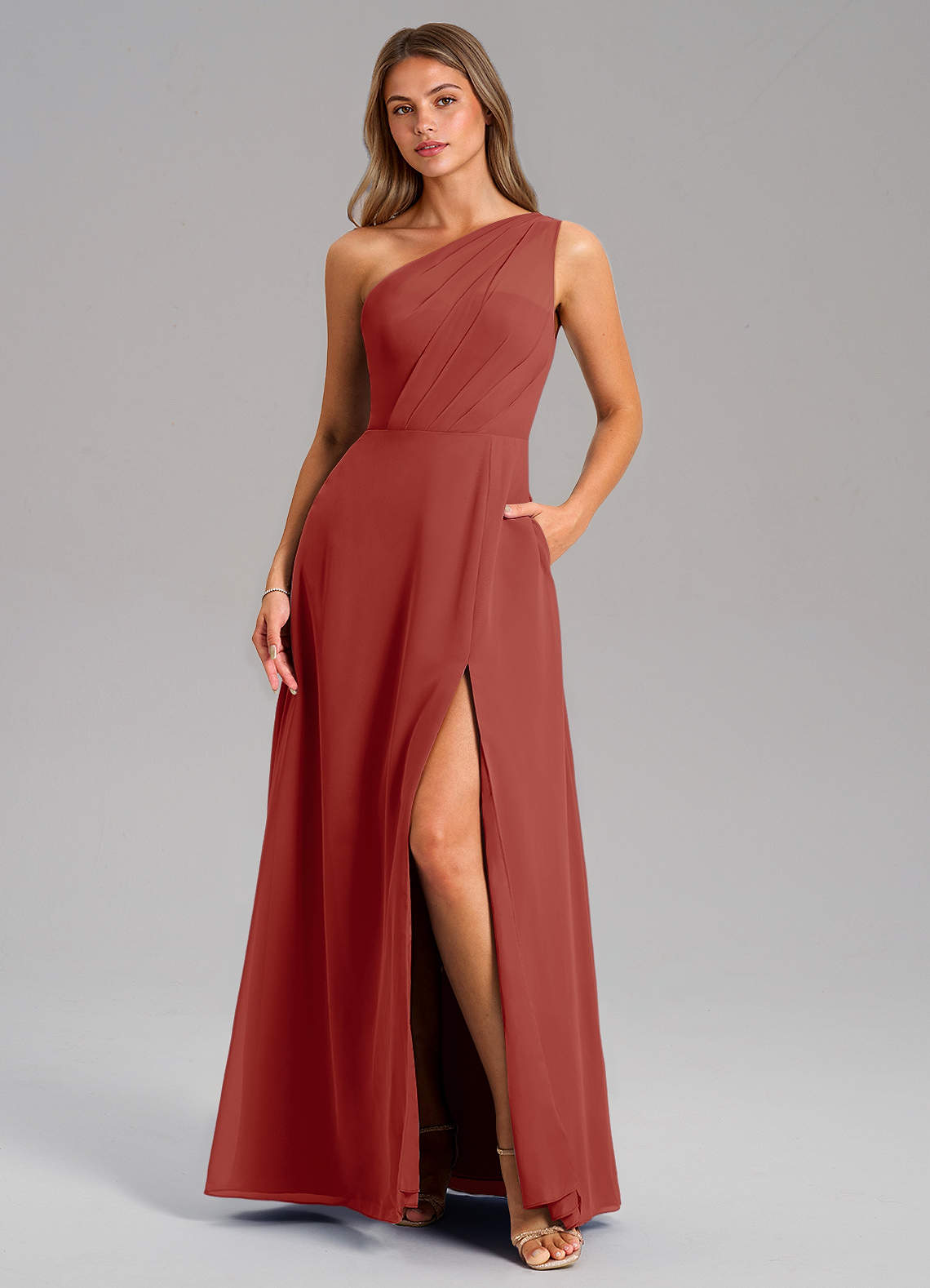 Azazie Phaedra Bridesmaid Dresses Terracotta A-Line One Shoulder Chiffon Dress image1