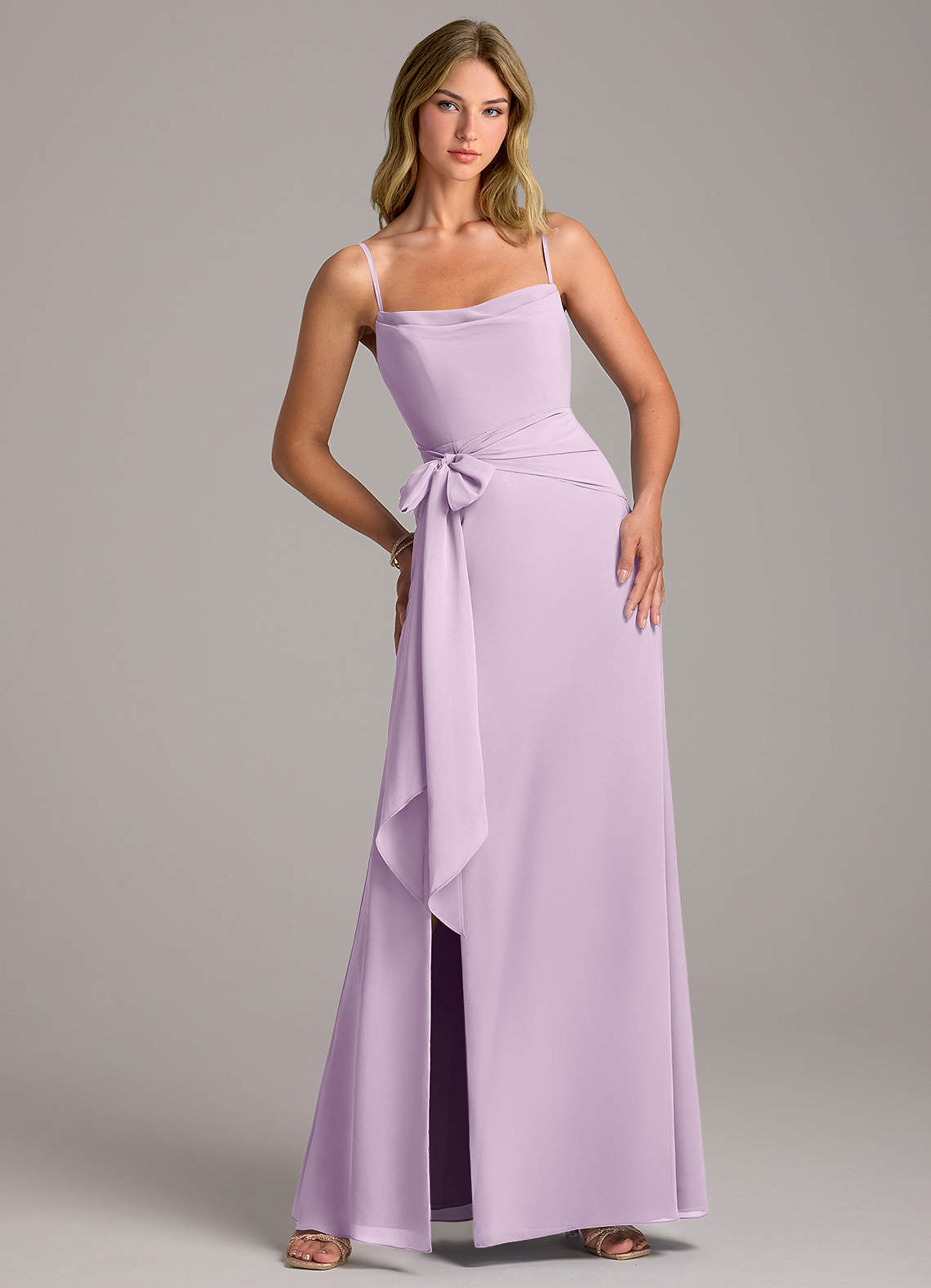 Azazie Tahlia Bridesmaid Dresses Frosted Lilac A-Line with Belt Chiffon Dress image1