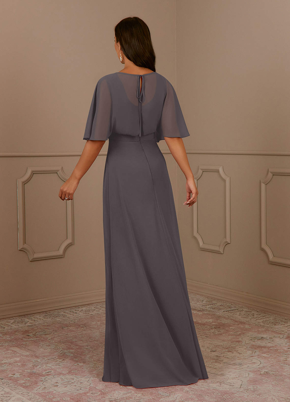 Azazie Oksana Steel Grey A-Line V-Neck Pleated Chiffon Dress | Azazie