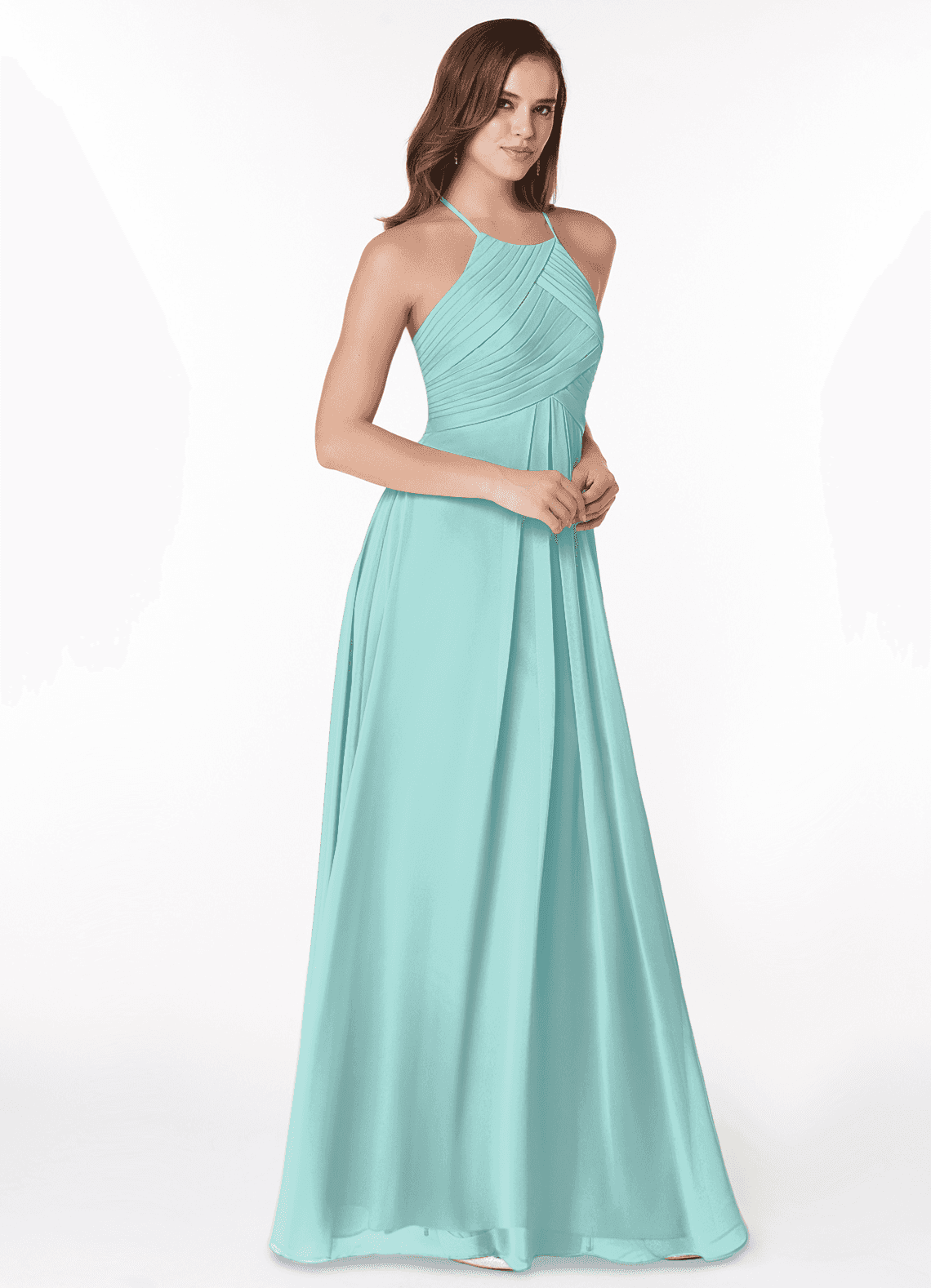 Azazie Ginger Bridesmaid Dresses Aqua A-Line Halter Pleated Chiffon Dress image1