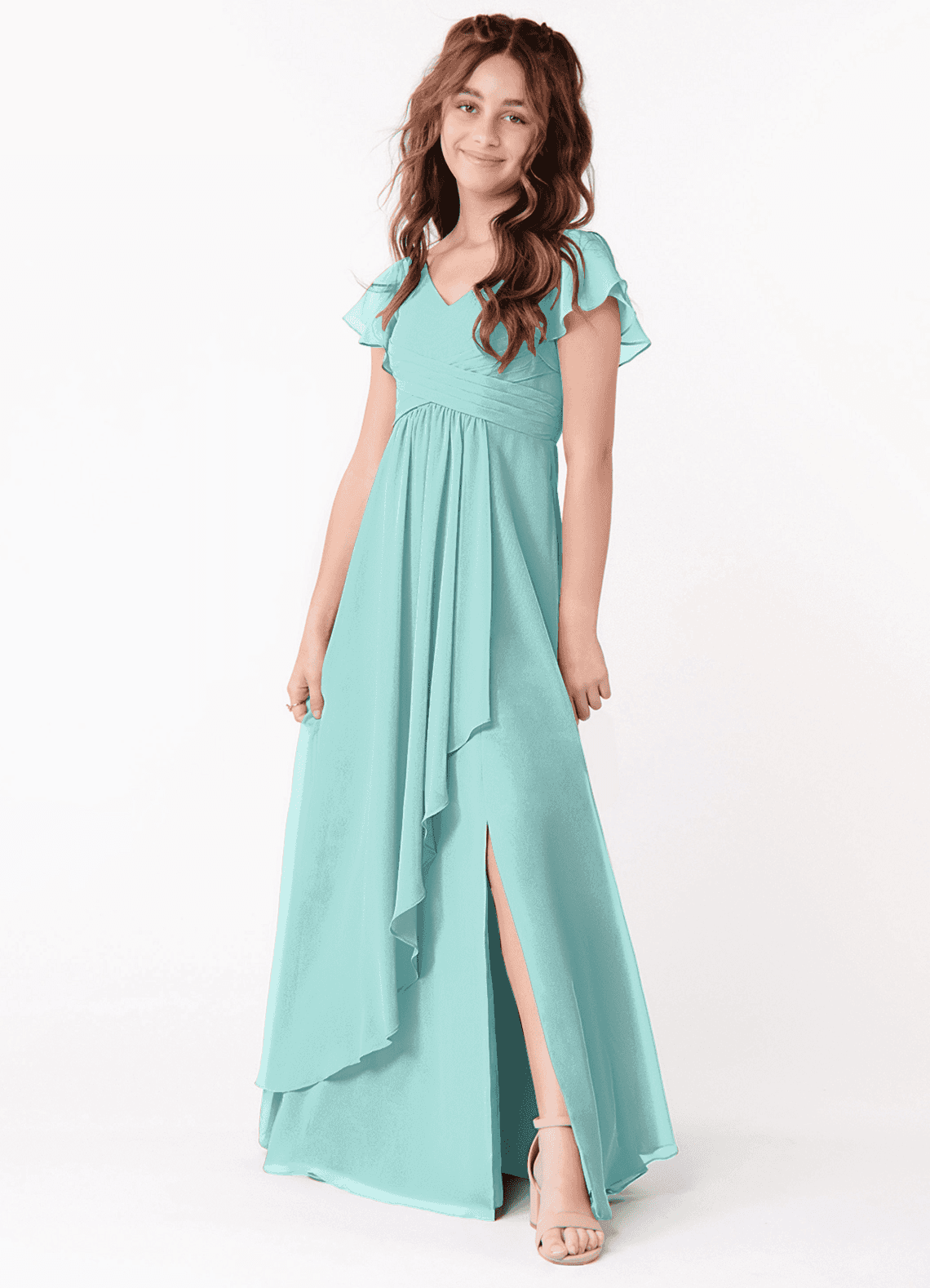 Azazie Omari Junior Aqua A-Line Ruched Chiffon Dress image1