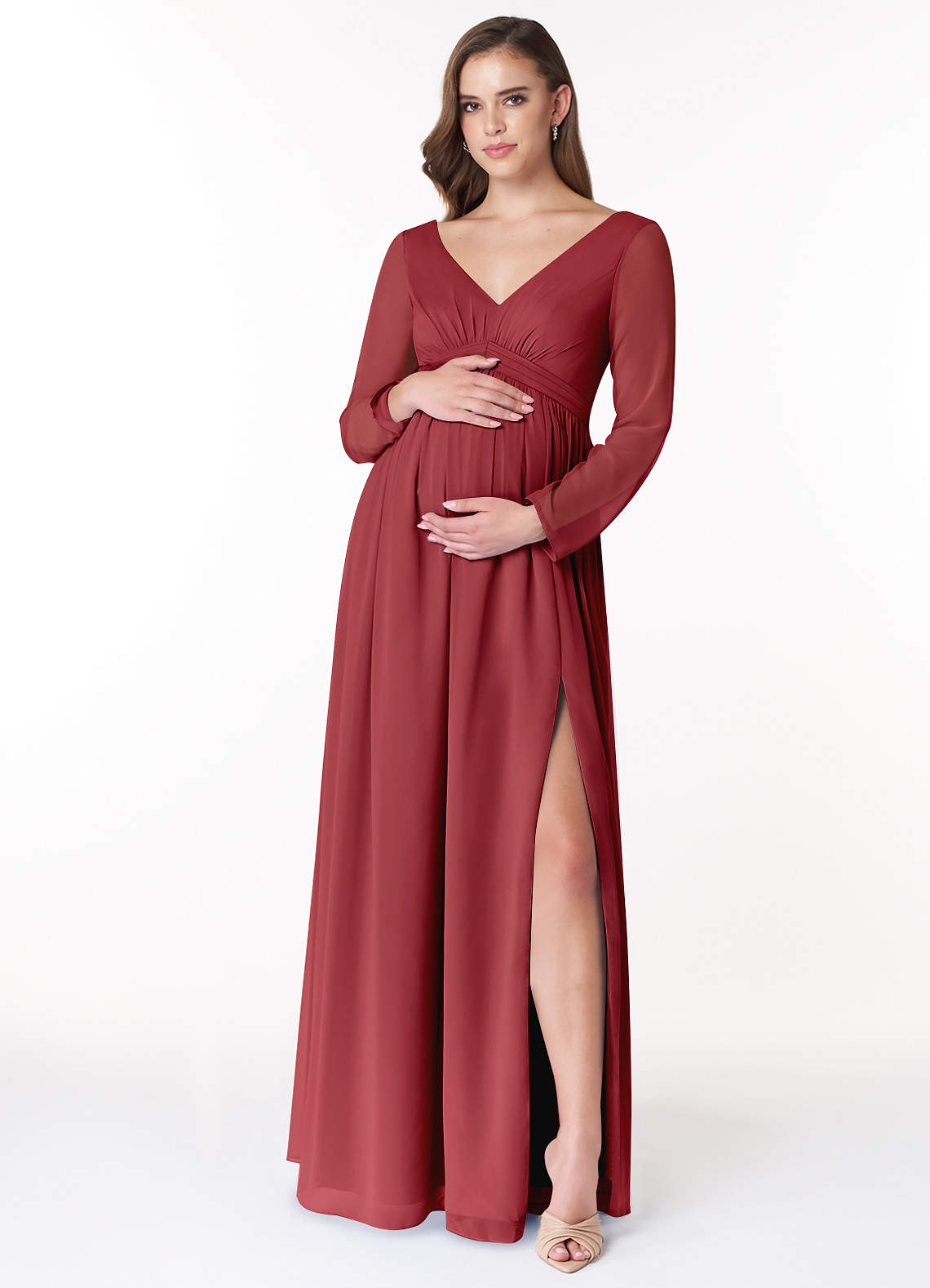Azazie Teton vestidos de dama de honor de maternidad Vestido de Corte En A Manga larga Hasta el suelo Gasa image1