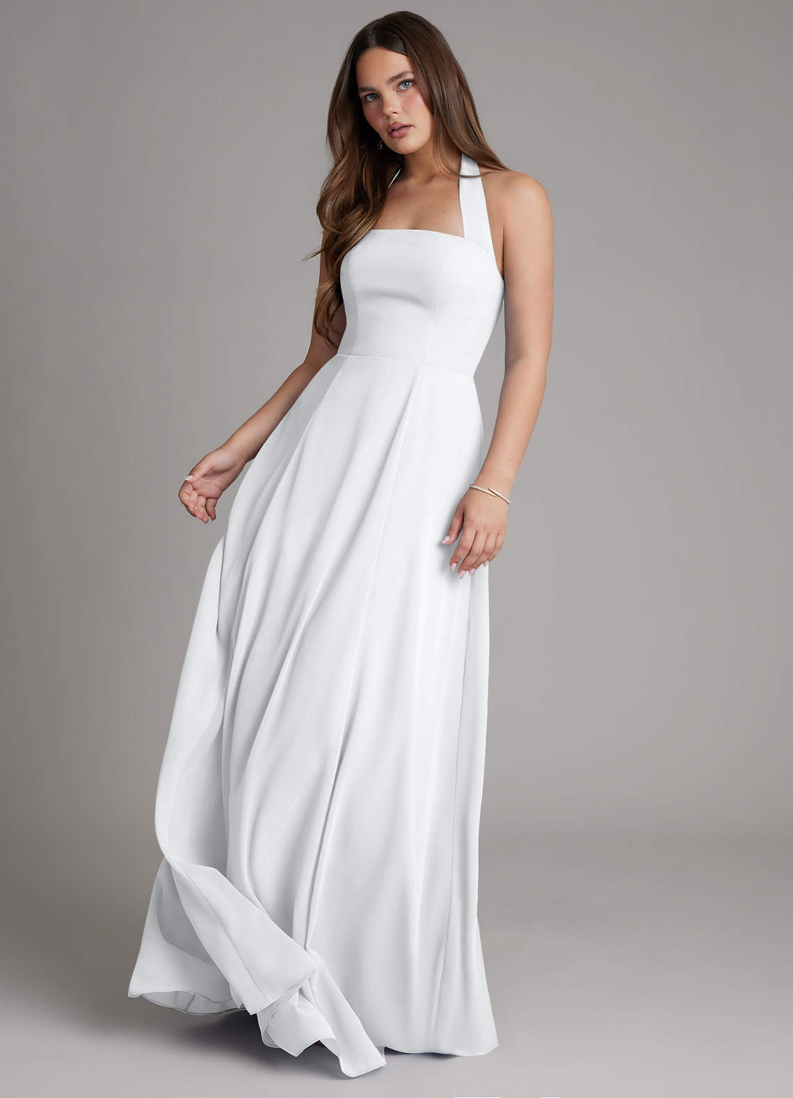 white fitted bridesmaid dresses Azazie Irina friendly bridal gowns to