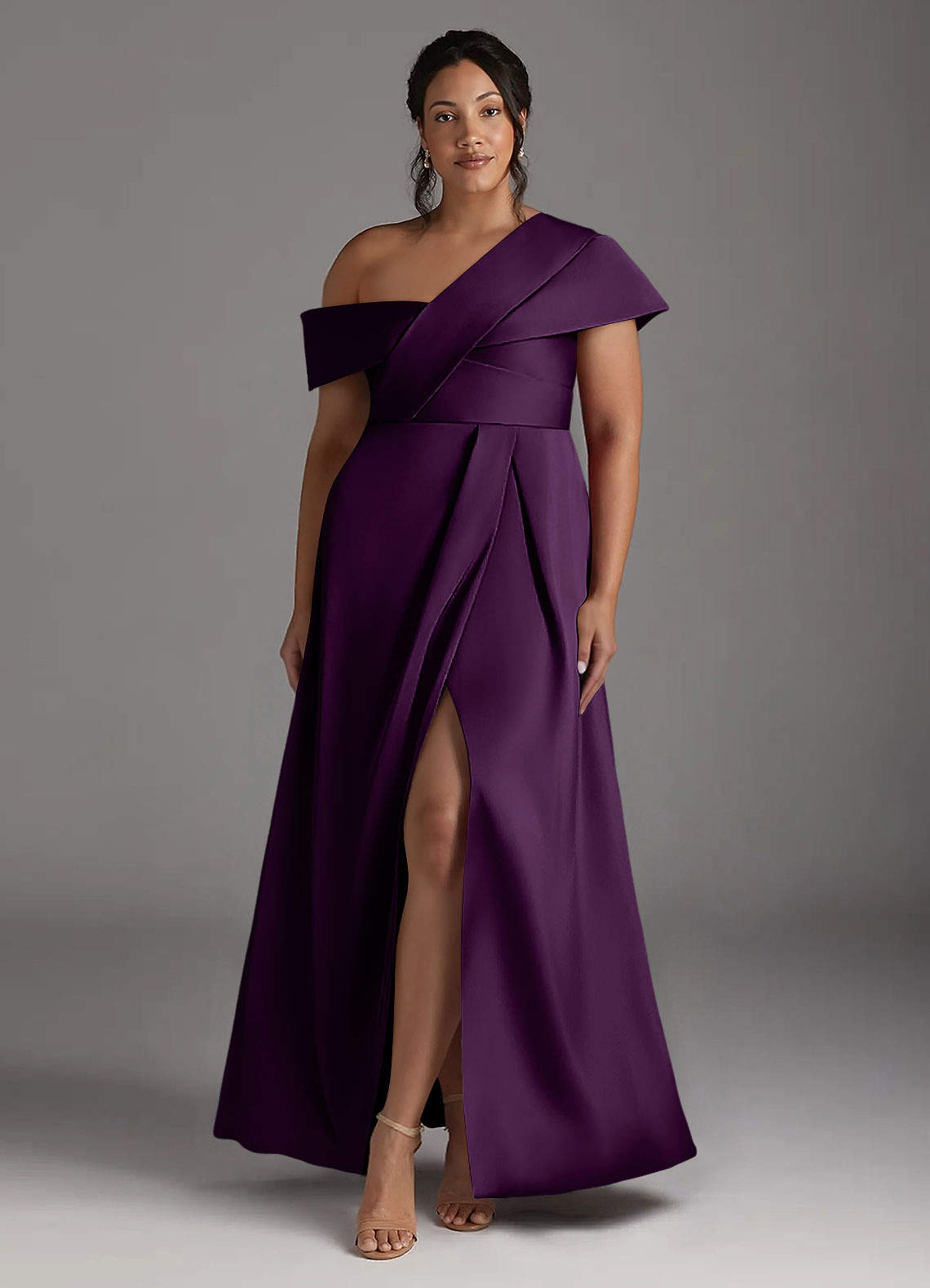 Azazie Milton Mother of the Bride Dresses Grape A-Line Pleated Stretch Satin Dress image8