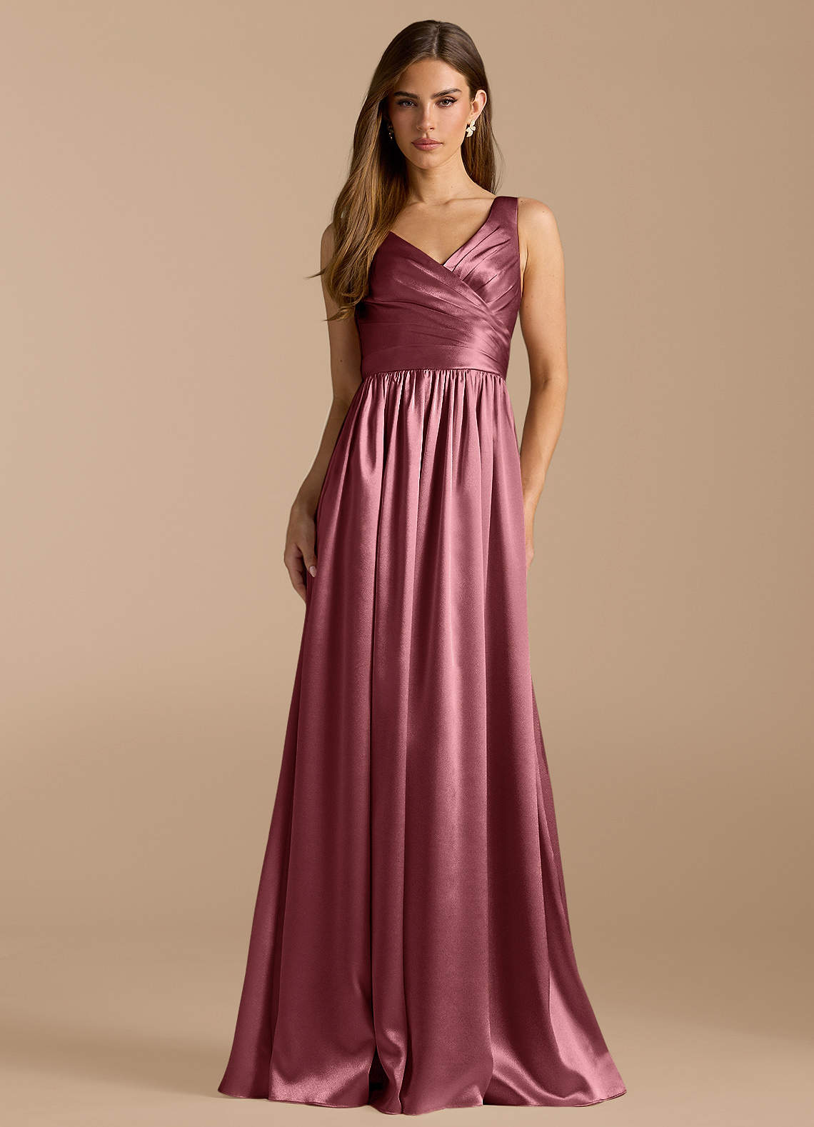 Azazie Keyla Bridesmaid Dresses Desert Rose A-Line Pleated Metallic Satin Dress image1