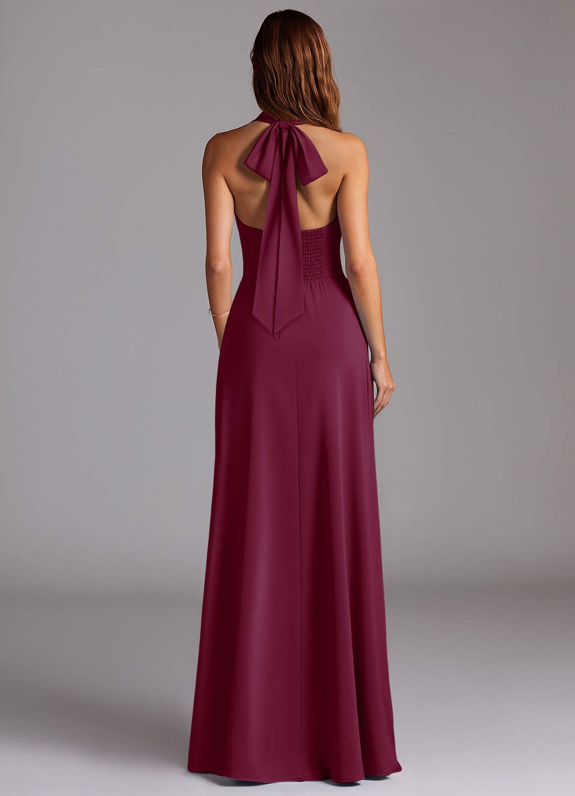 Azazie A-Line Halter Neck Floor-Length Stretch Satin Bridesmaid Dresses Mulberry Red