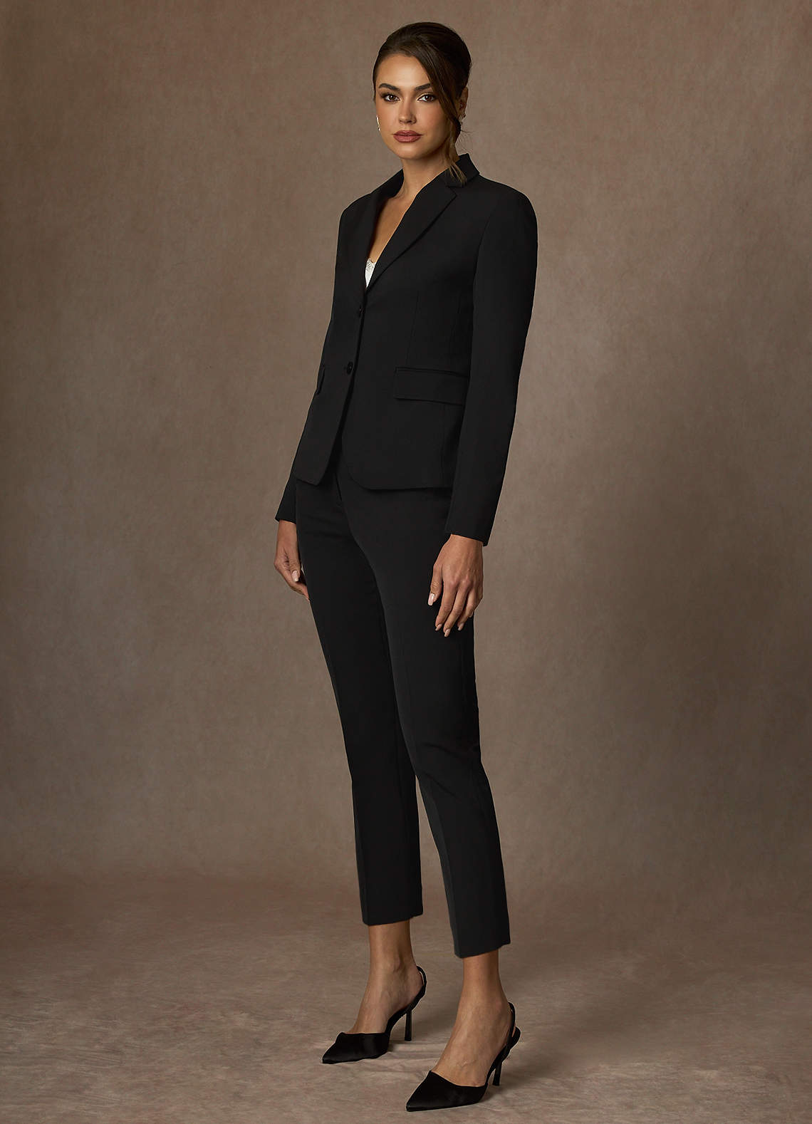 front Victoria Black Refined Weave Cropped Pants Suit