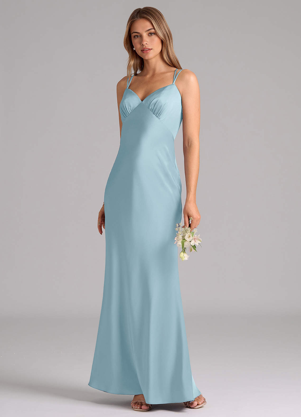 Azazie Suttona Vestidos de damas de honor Vestido de Azul Malhumorado de Satén Elástico de Corte en A con Plisado image3