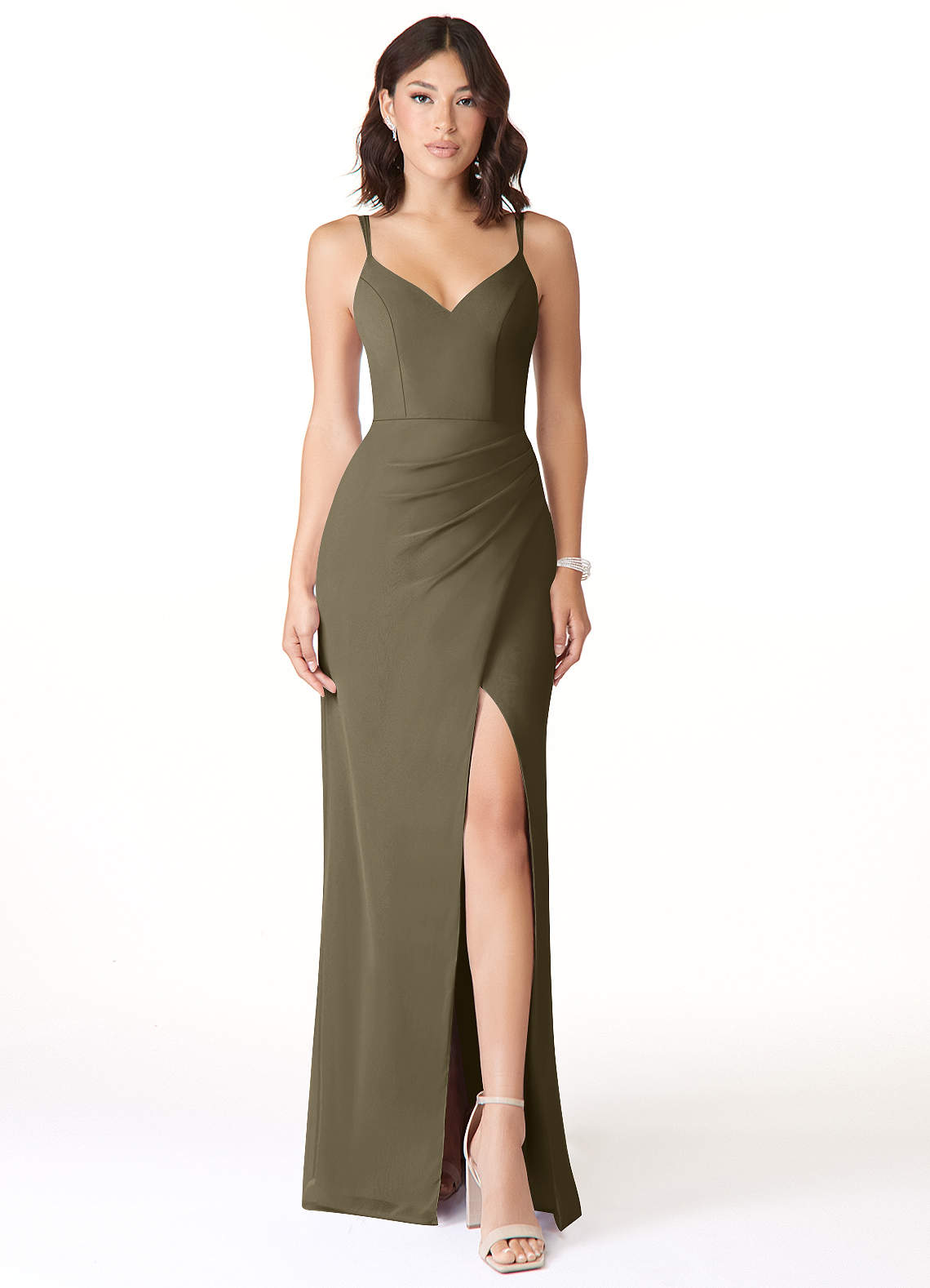 Azazie Leo Bridesmaid Dresses Willow Green Mermaid V-Neck Pleated Chiffon Dress image1