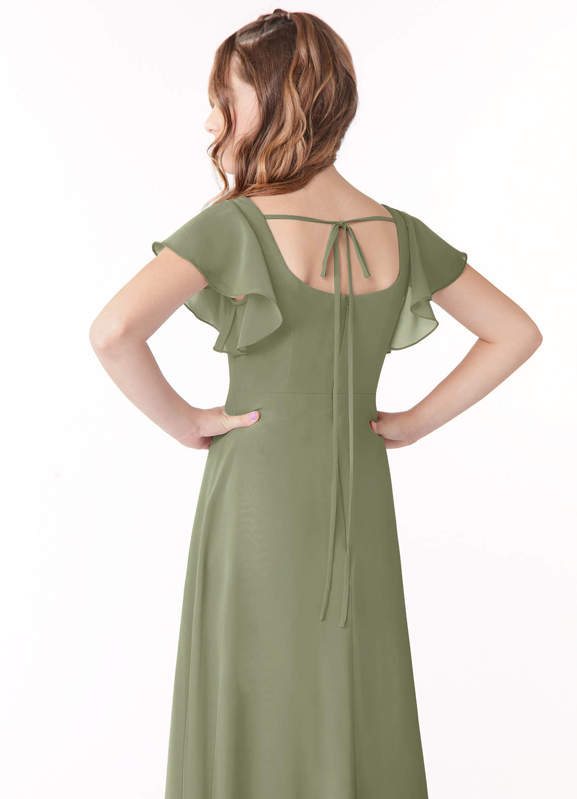 Azazie Bondi Junior Pistachio A-Line Bow Chiffon Dress image2