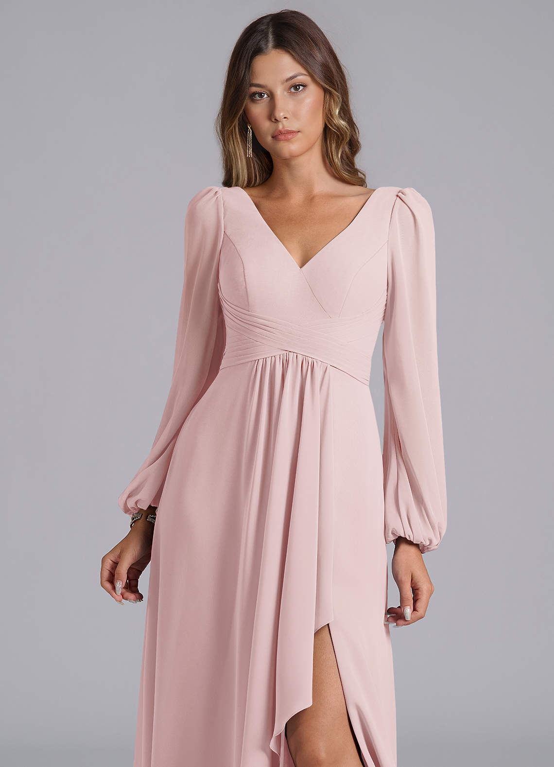 Azazie A-Line V-Neck Long Sleeve Floor-Length Chiffon Bridesmaid Dresses - Blushing Pink