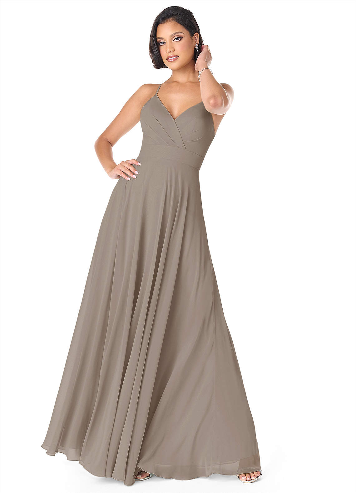 Azazie Avelina Bridesmaid Dresses Taupe A-Line V-Neck Pleated Chiffon Dress image1
