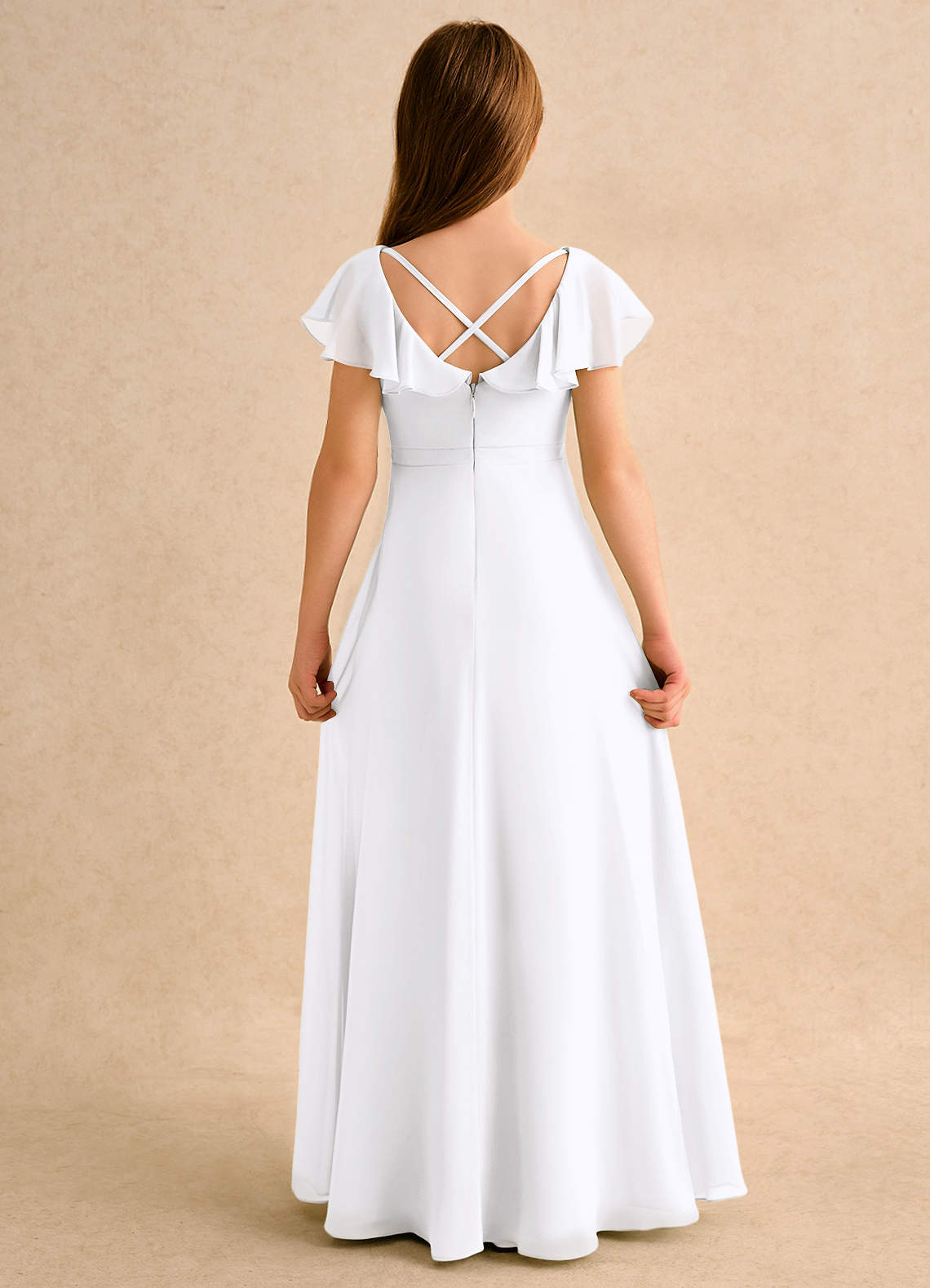 Azazie Nari Girls Formal Kukkatyttöjen mekot A-linja hihoilla Sifonki Lattian pituus Pukeutua image6