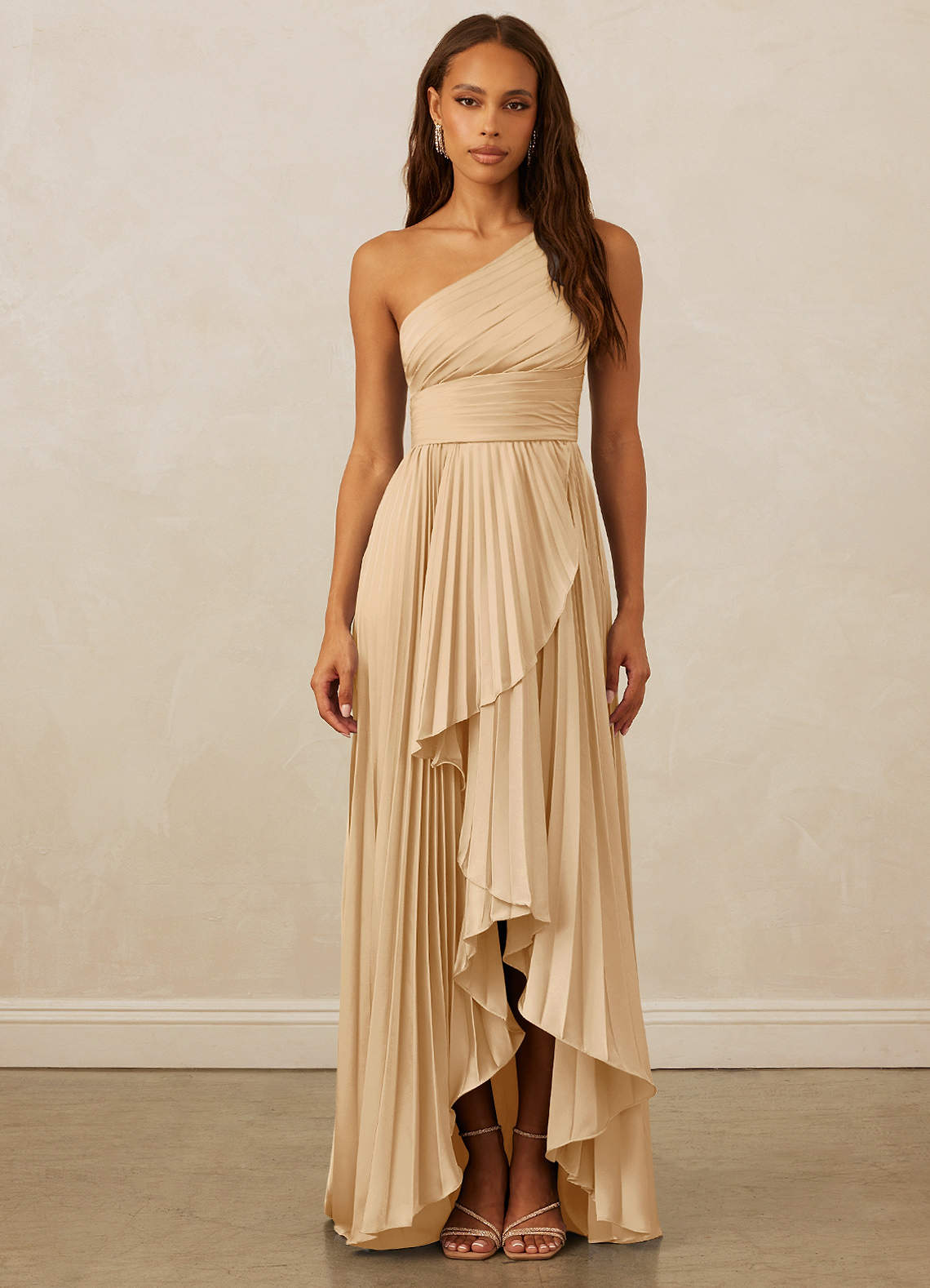 Christian Siriano Bridal for Azazie 1008 Bridesmaid Dresses Gold A-Line One Shoulder Stretch Satin Dress image1