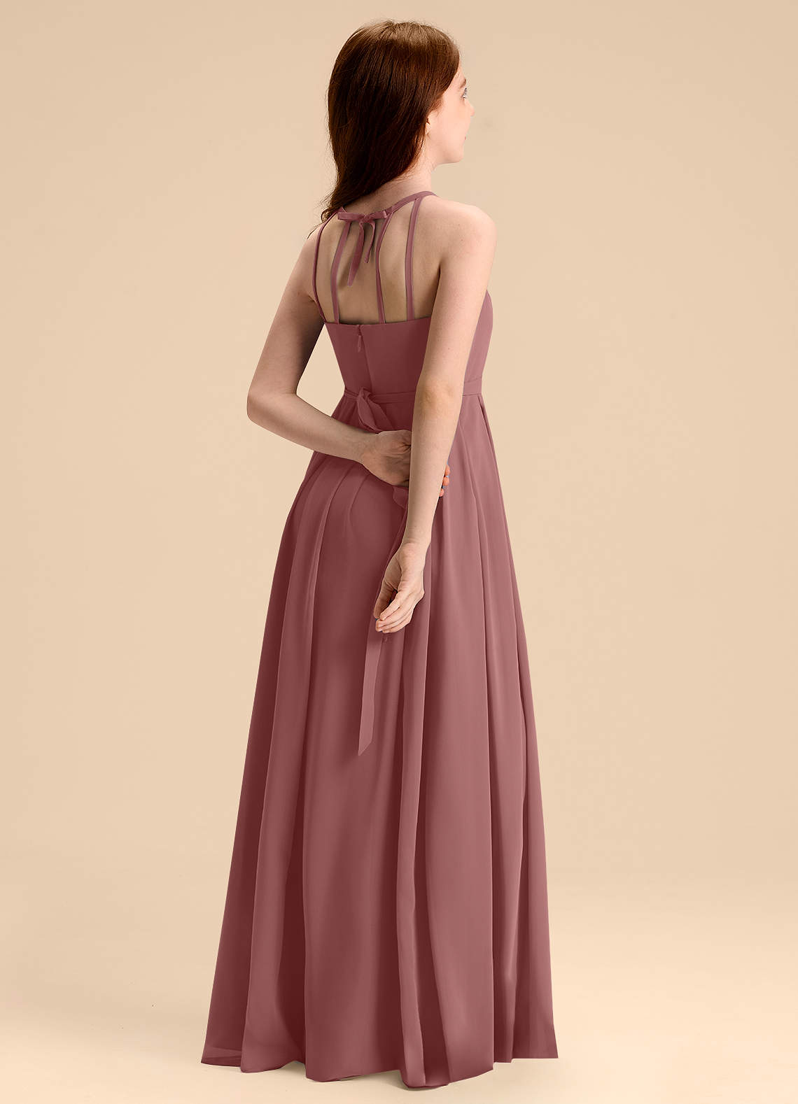 Azazie Arianthe Junior Vestido de Rosa Del Desierto de Gasa de Corte en A con Plisado image1