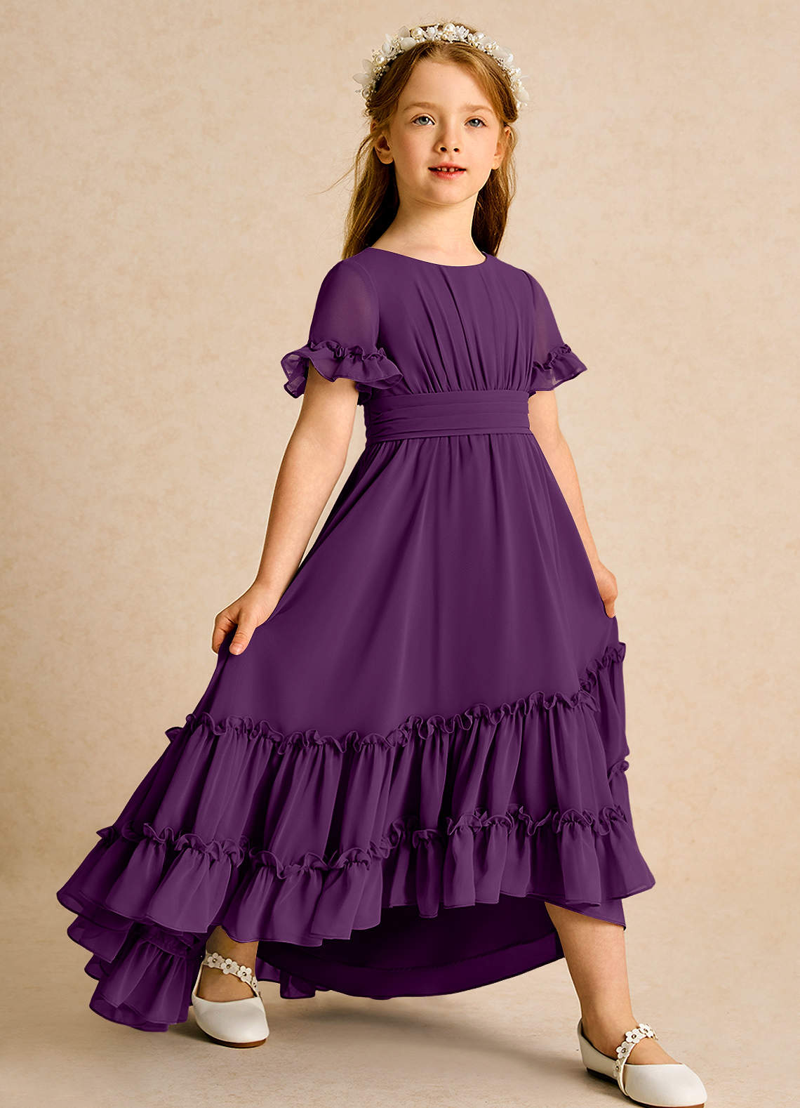 Azazie Kass Blumenmädchenkleider A-Linie Plissee Chiffon Kleid Traube image1