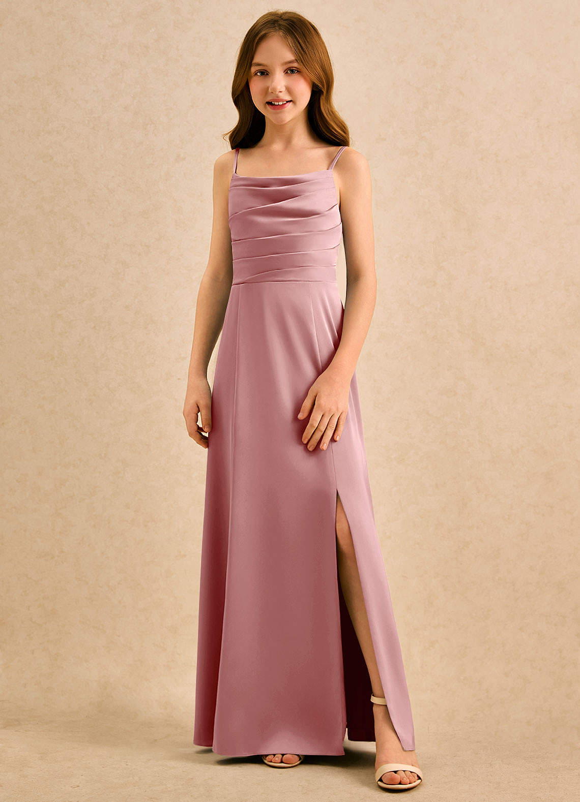 Azazie Chamomile Girls Formal Flower Girl Dresses Dusty Rose A-Line Pleated Stretch Satin Dress image3