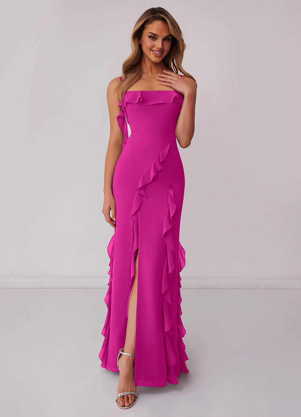 Barbie ♥ Azazie Vestidos de damas de honor Vestido de Fucsia de Gasa de Corte Recto con Lazo image1