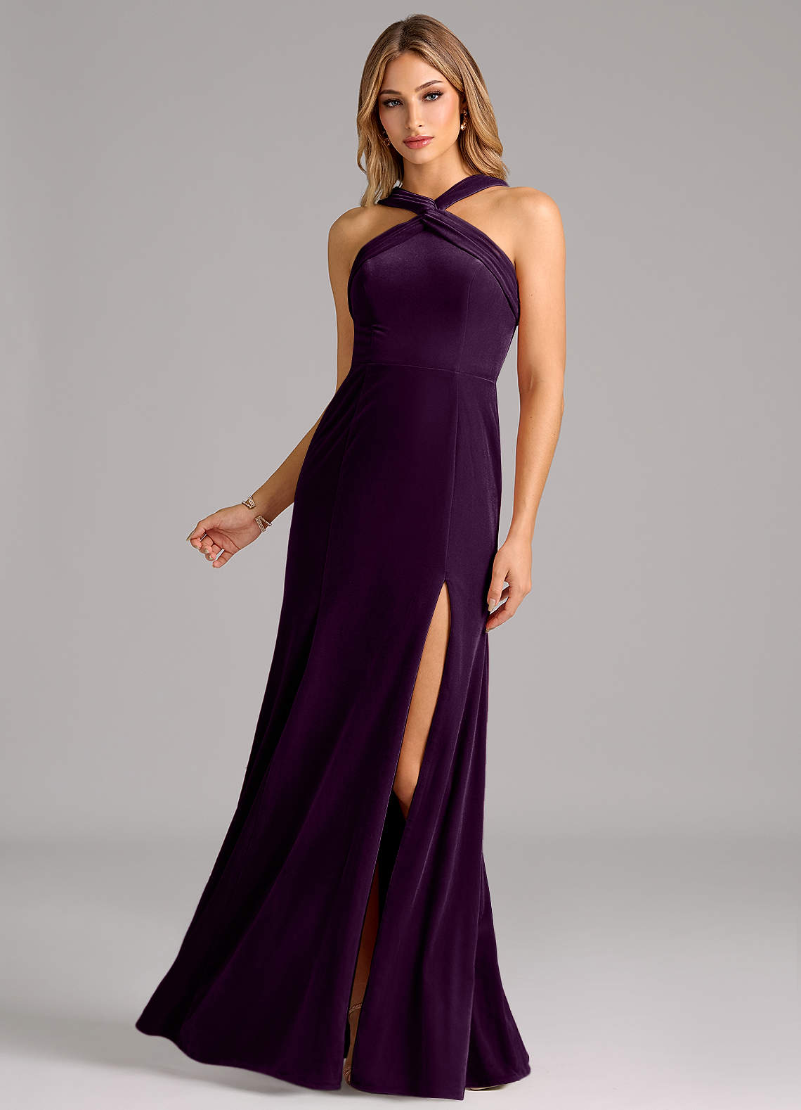 Azazie Rue Bridesmaid Dresses Grape A-Line Pleated Velvet Dress image1