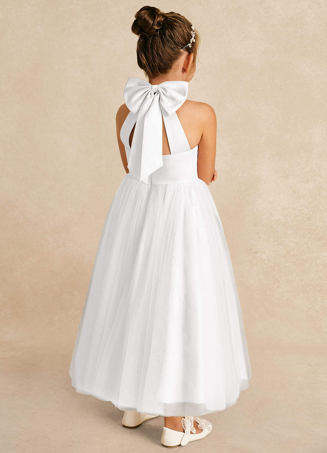 Azazie Bev Blumenmädchenkleider A-Linie Cabrio Tüll Kleid Weiß image5