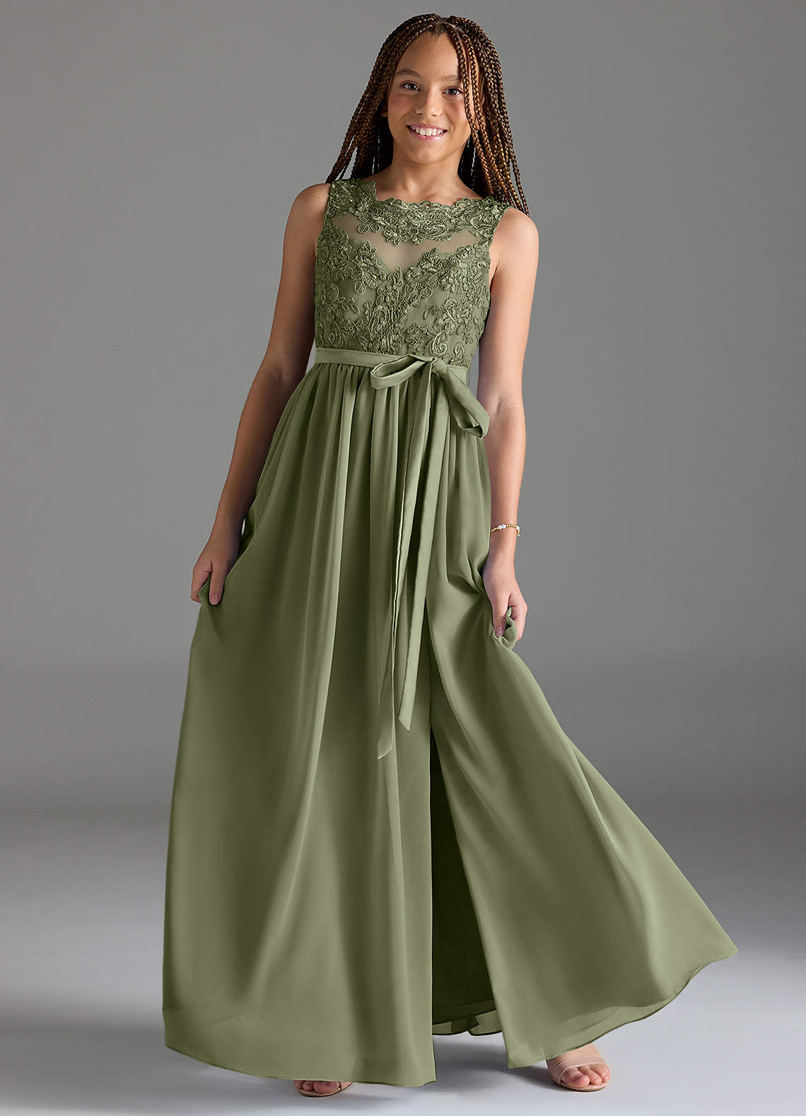 Azazie Elly Junior Pistachio A-Line Lace Chiffon Dress image1