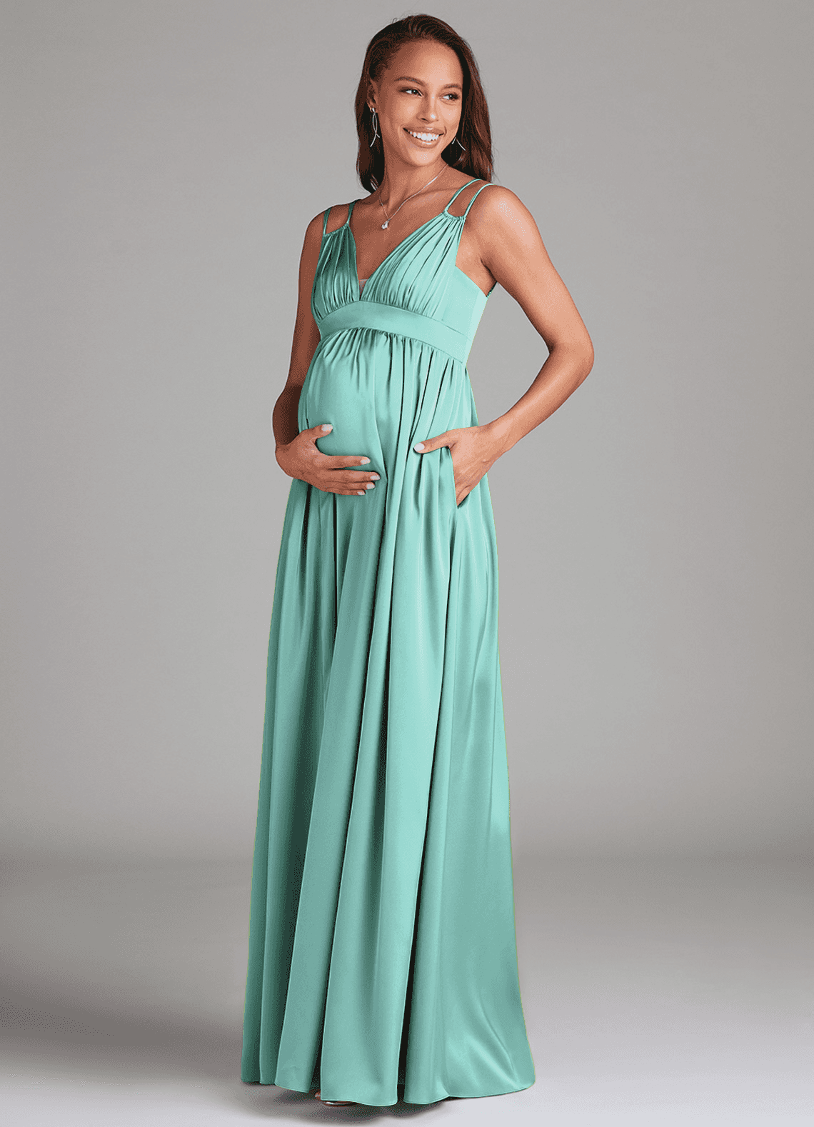 Azazie Emree Maternity Bridesmaid Dresses A-Line Stretch Satin Floor-Length Dress with Pockets image2