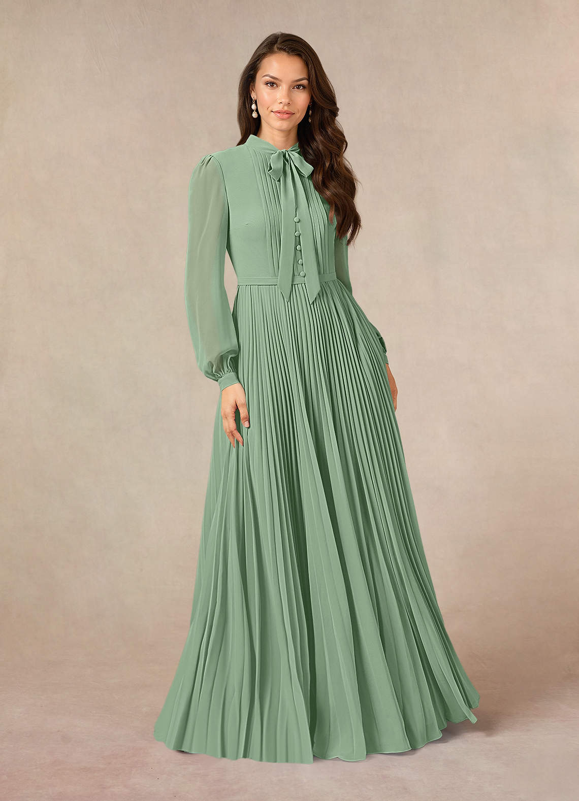 Azazie Adellah Mère de la mariée Robes Robe Trapèze en Mousseline de soie Plissée Matcha image1
