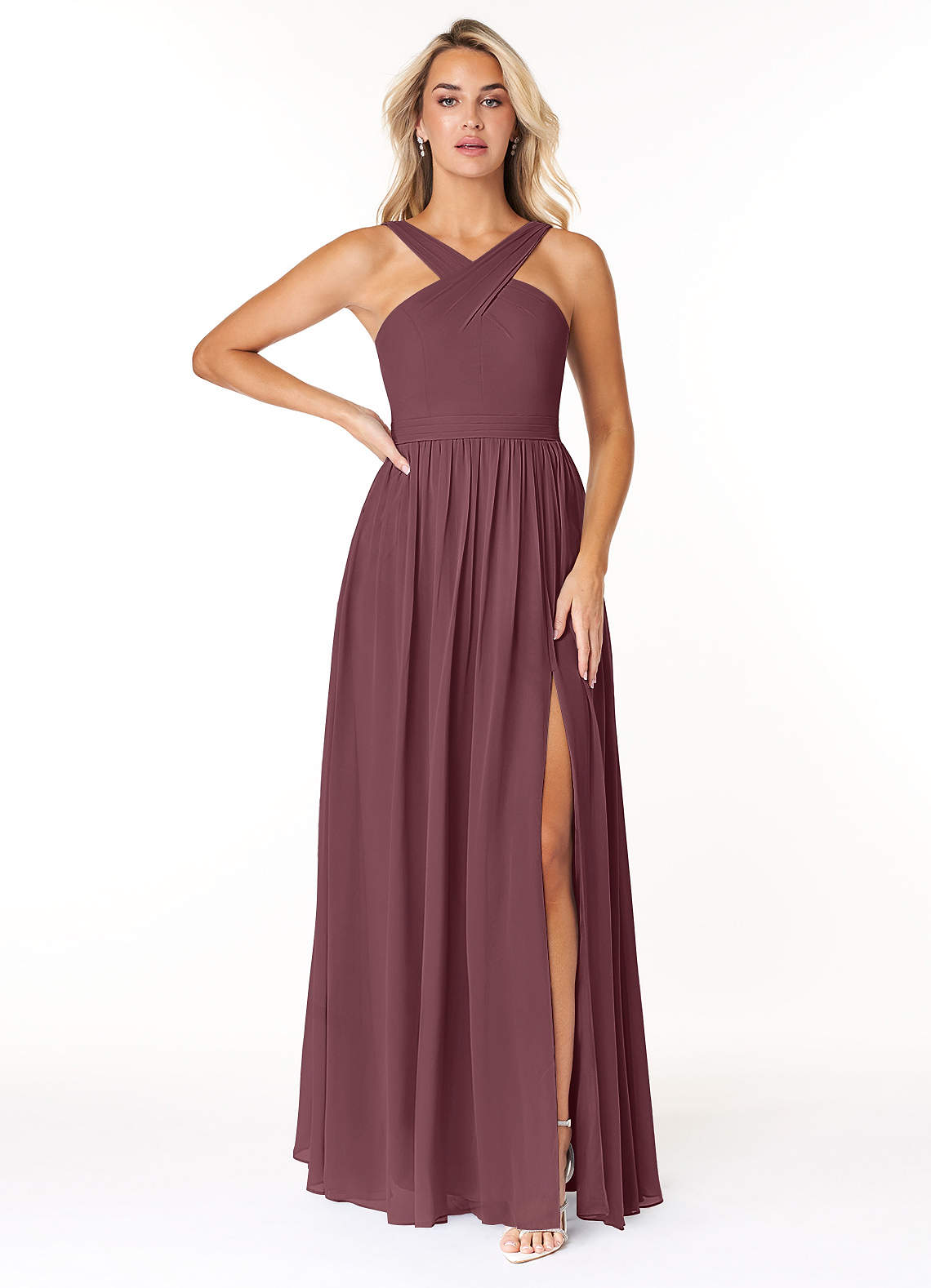 Azazie Elvira Bridesmaid Dresses Sangria A-Line Pleated Chiffon Dress image1