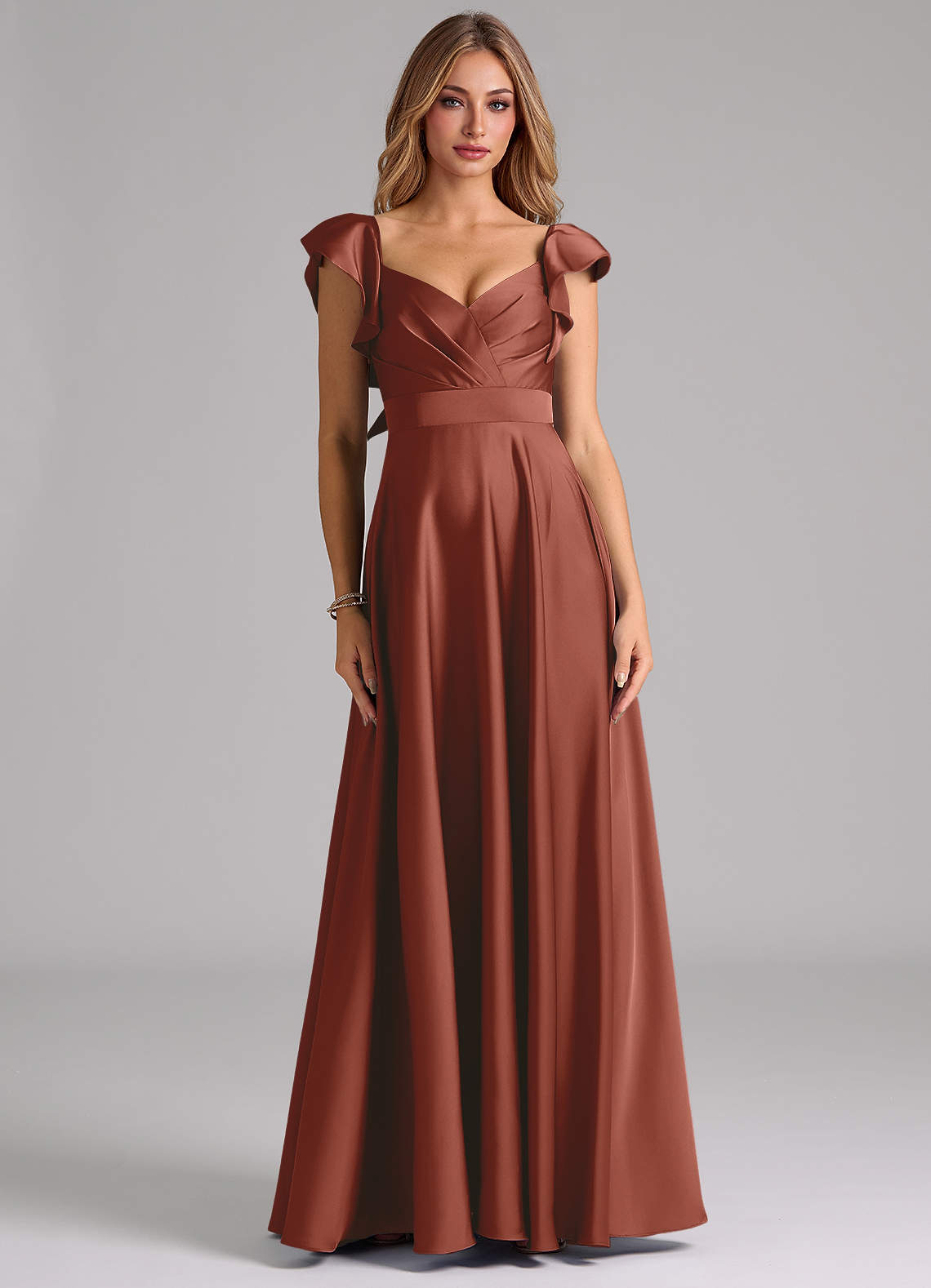 Azazie Leilani Bridesmaid Dresses Auburn A-Line Ruched Stretch Satin Dress image2