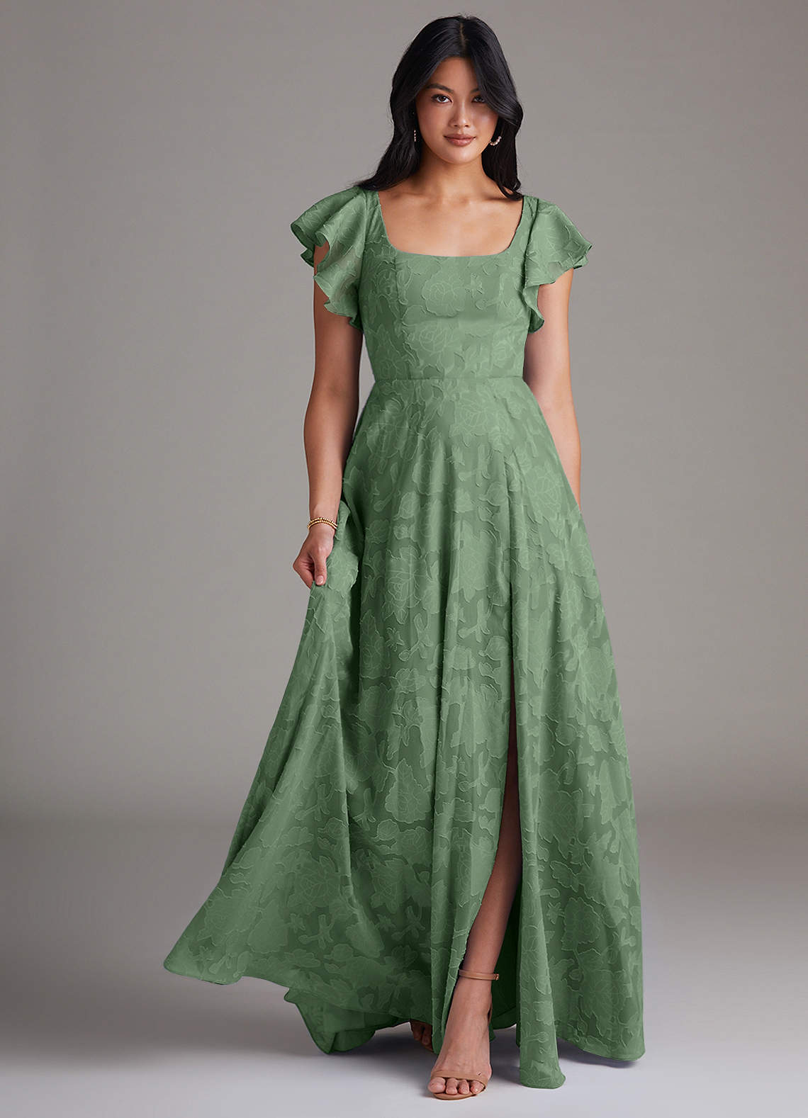 Azazie Bondi Bridesmaid Dresses Eucalyptus A-Line Side Slit Floral Burnout Dress image1