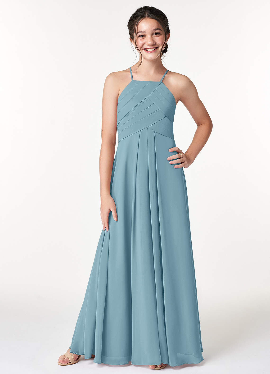 Azazie Ginger Junior Moody Blue A-Line Pleated Chiffon Dress image1