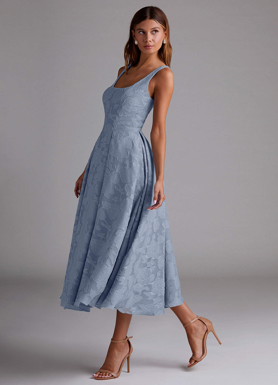 Azazie Amalie Bridesmaid Dresses Dusty Blue A-Line Pleated Floral Burnout Dress image3