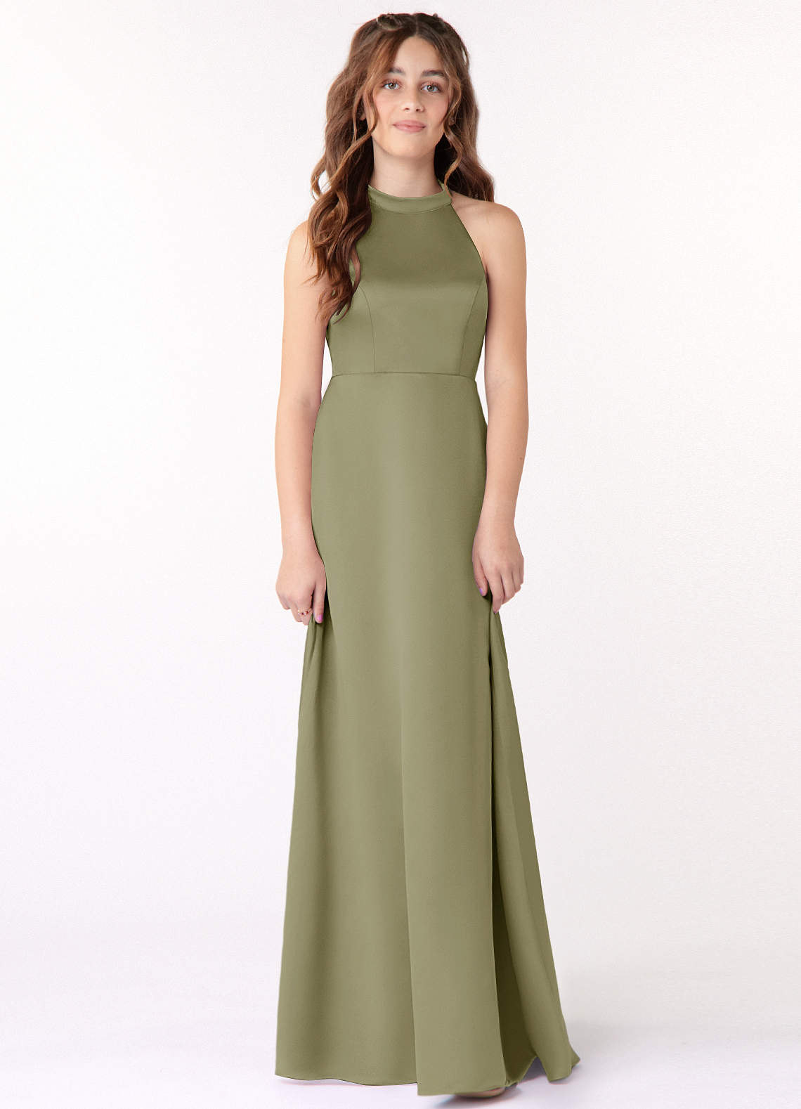 Azazie Laurel Junior Pistachio A-Line Stretch Satin Dress image1