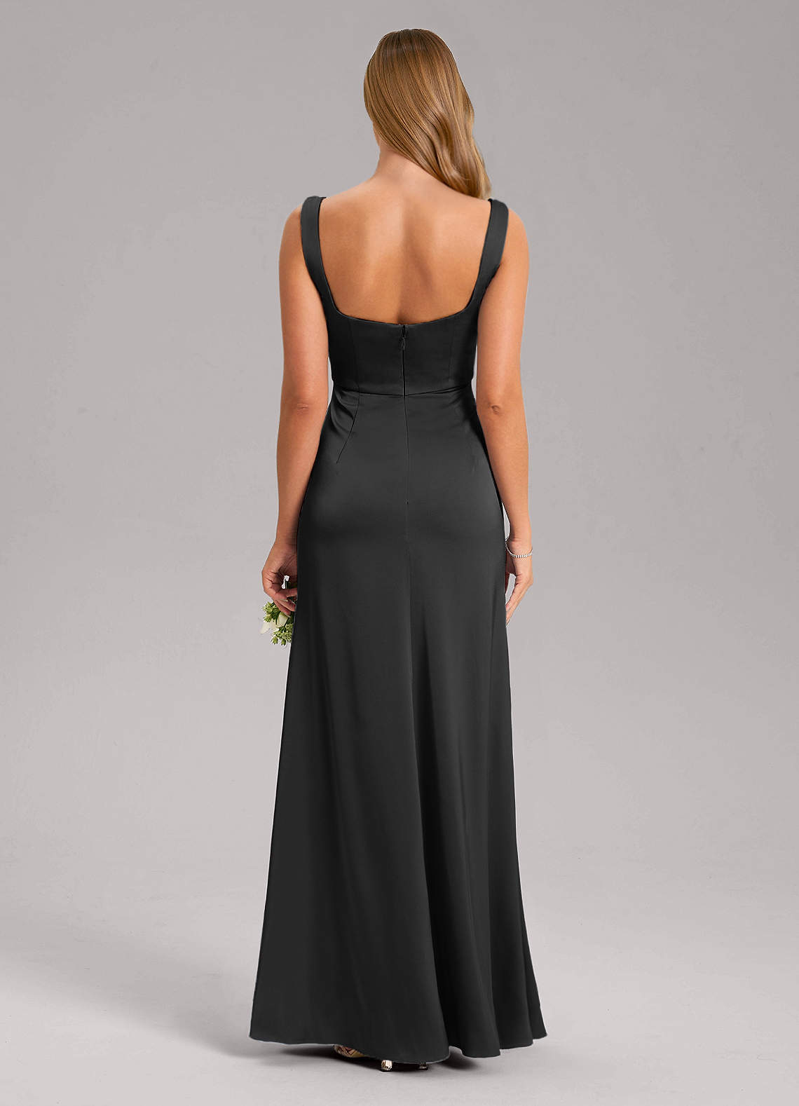 Azazie Frostine Bridesmaid Dresses Black A-Line Bow Stretch Satin Dress image1